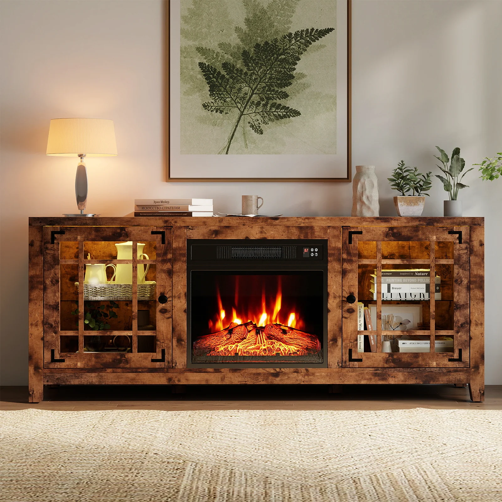 58" Fireplace TV Stand with LED Lights and 18" Electric Fireplace, Rustic Brown - Image 3
