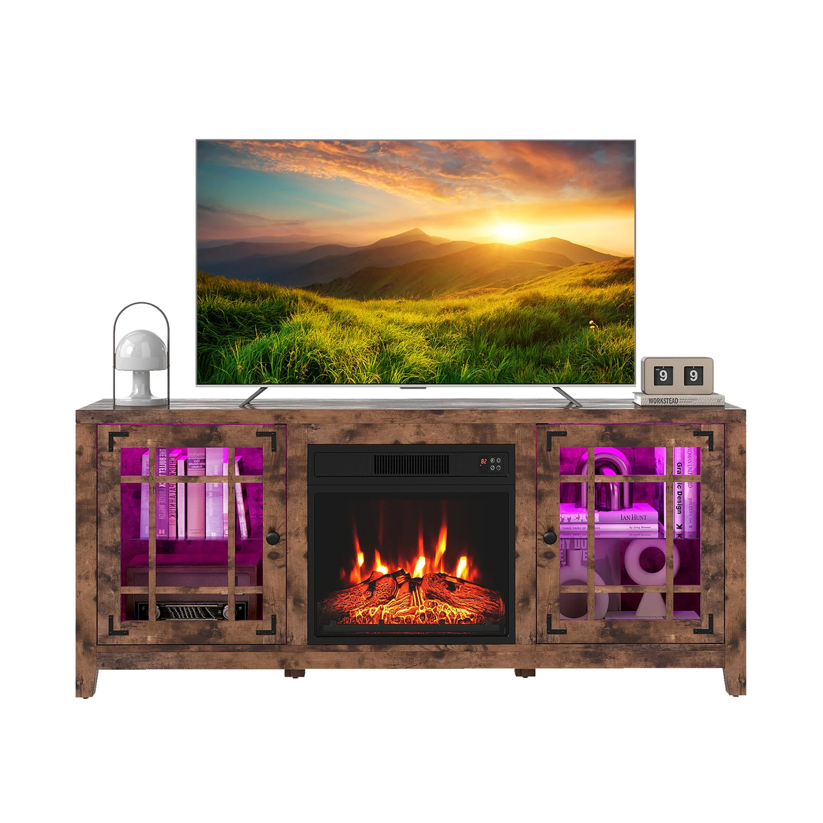 58" Fireplace TV Stand with LED Lights and 18" Electric Fireplace, Rustic Brown - Image 4