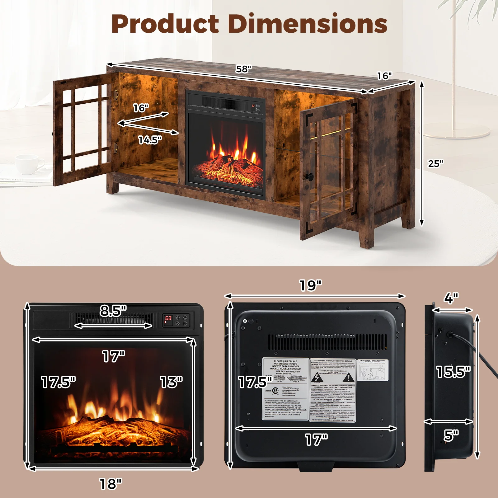 58" Fireplace TV Stand with LED Lights and 18" Electric Fireplace, Rustic Brown - Image 6