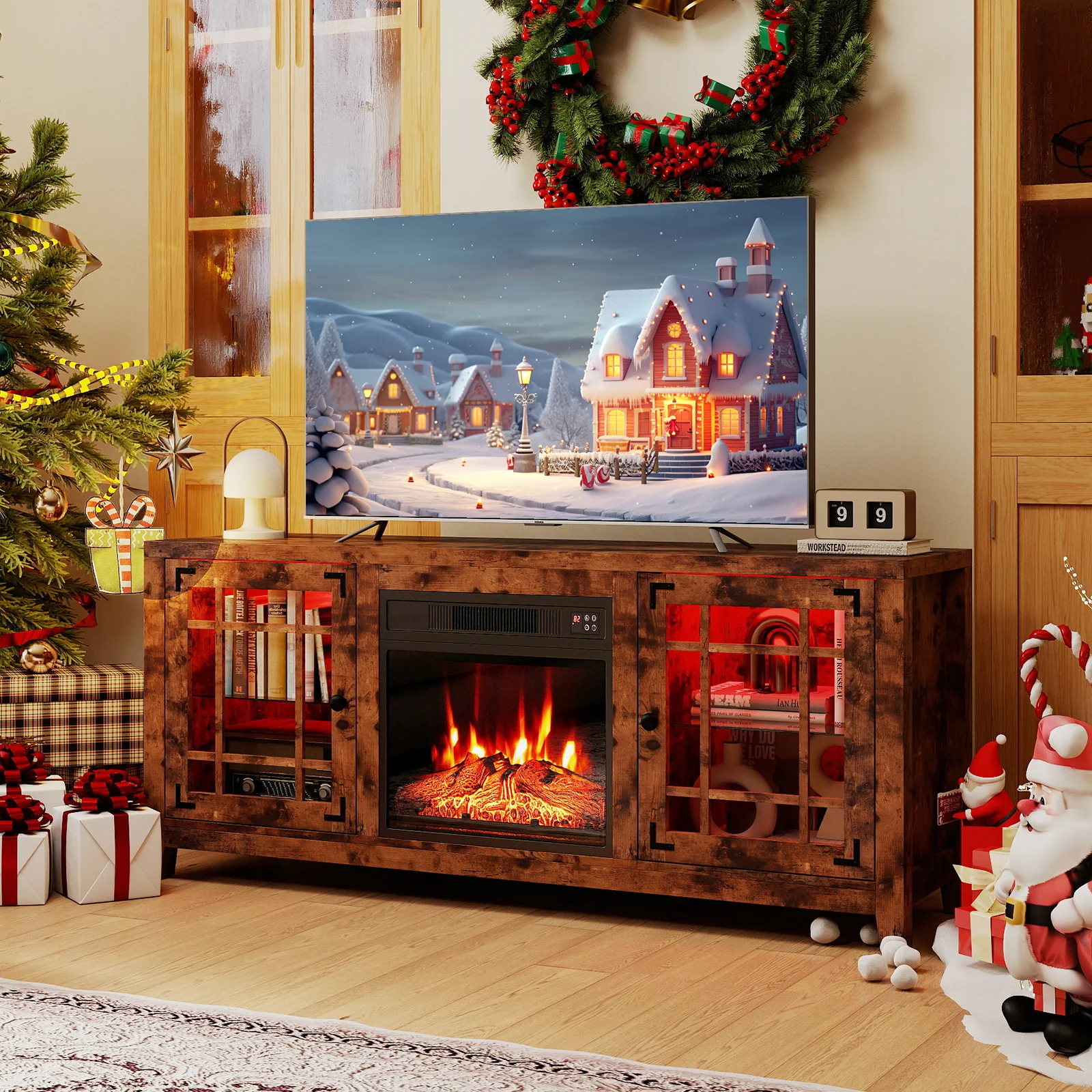58" Fireplace TV Stand with LED Lights and 18" Electric Fireplace, Rustic Brown - Image 7