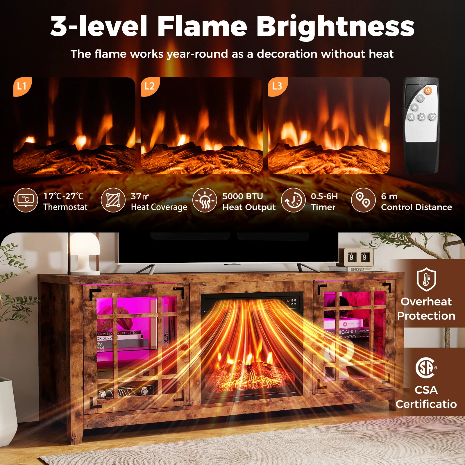 58" Fireplace TV Stand with LED Lights and 18" Electric Fireplace, Rustic Brown - Image 9