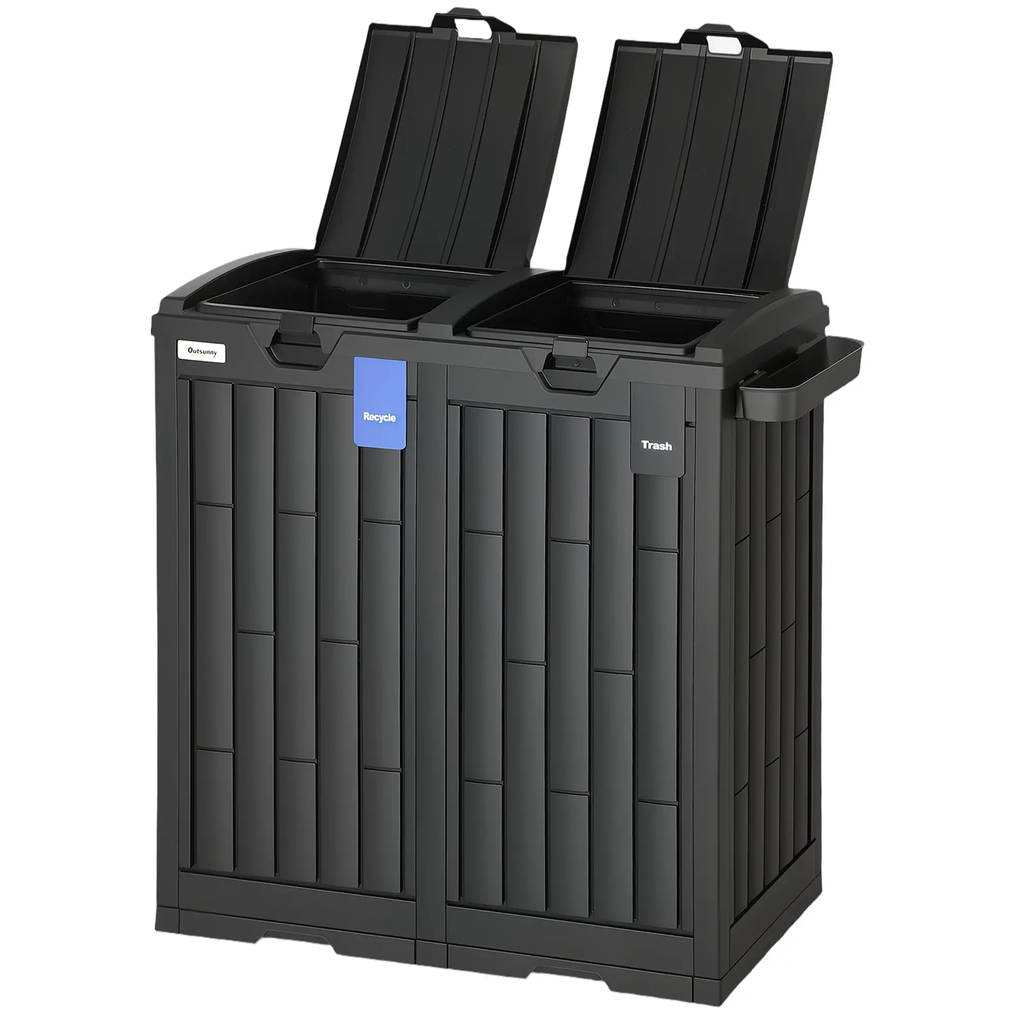 58 Gallon Double Outdoor Garbage Bin, Dual Lid, Plastic Waste Trash Can, Black