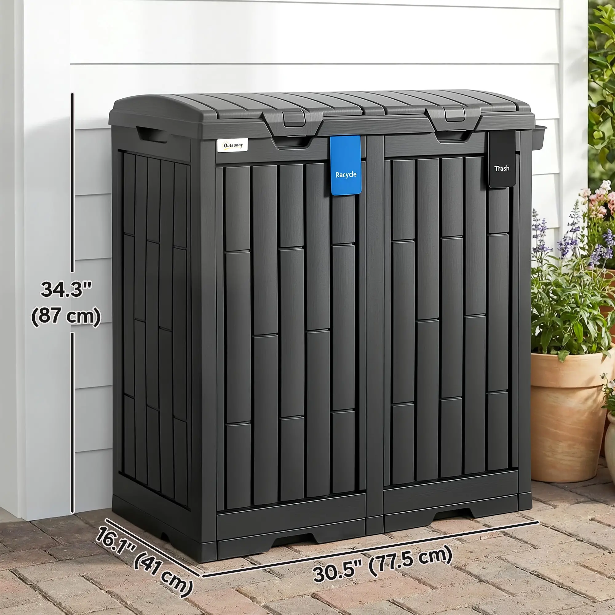 58 Gallon Double Outdoor Garbage Bin, Dual Lid, Plastic Waste Trash Can, Black - Image 3
