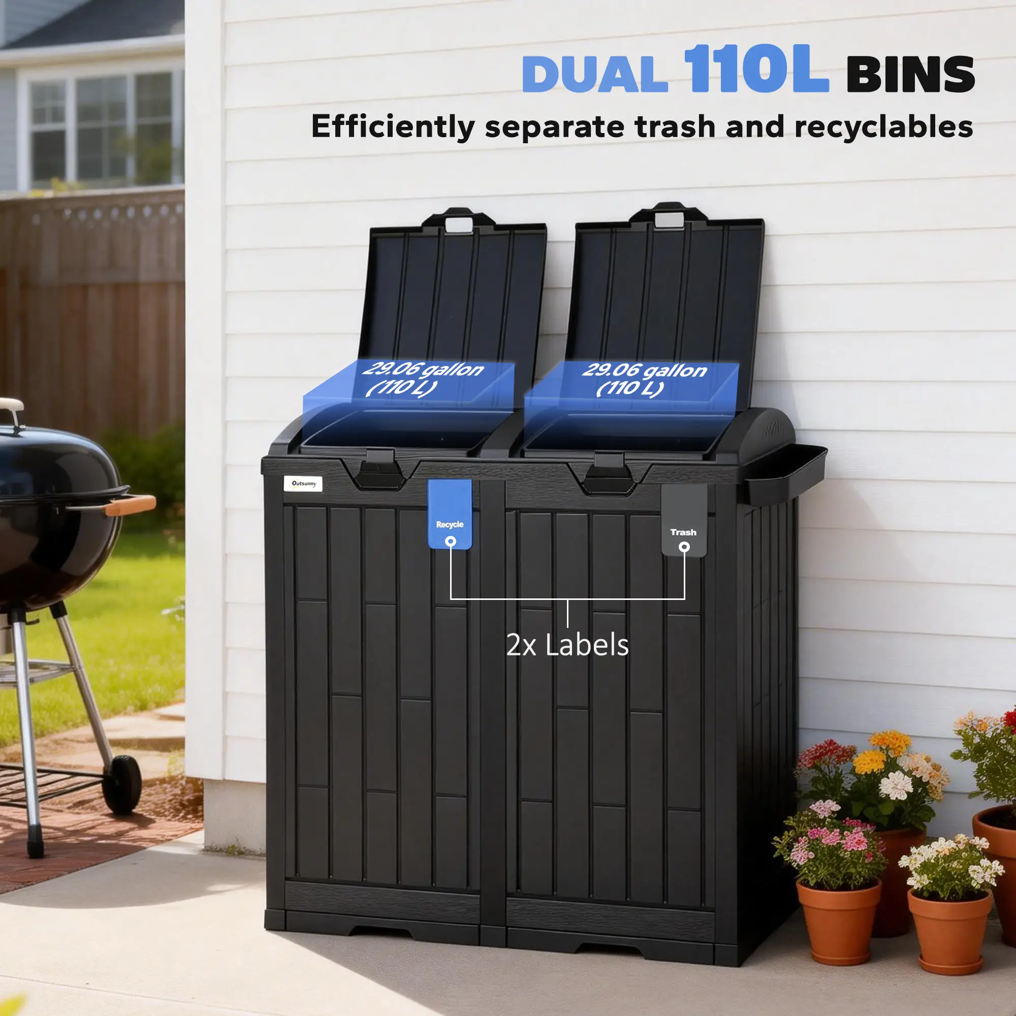 58 Gallon Double Outdoor Garbage Bin, Dual Lid, Plastic Waste Trash Can, Black - Image 4