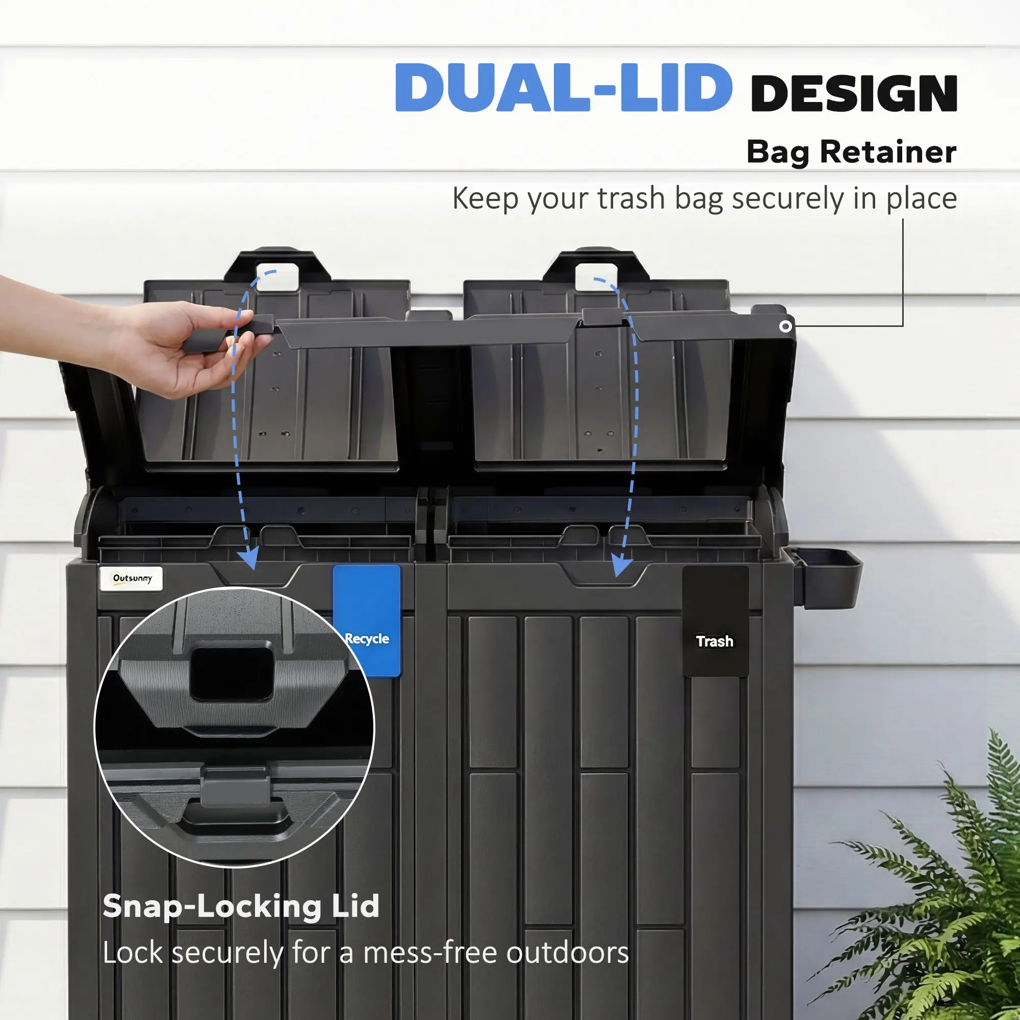 58 Gallon Double Outdoor Garbage Bin, Dual Lid, Plastic Waste Trash Can, Black - Image 5