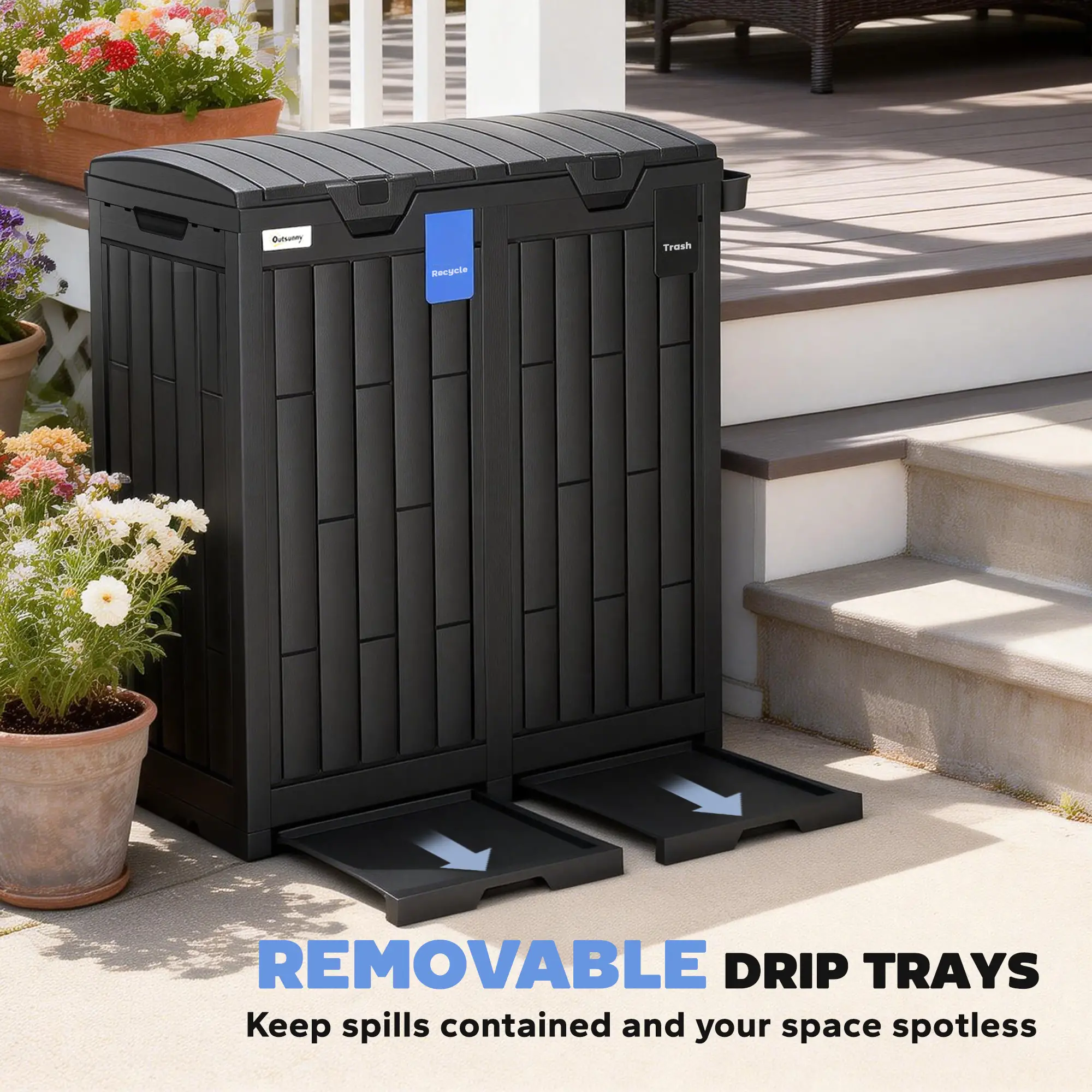 58 Gallon Double Outdoor Garbage Bin, Dual Lid, Plastic Waste Trash Can, Black - Image 7