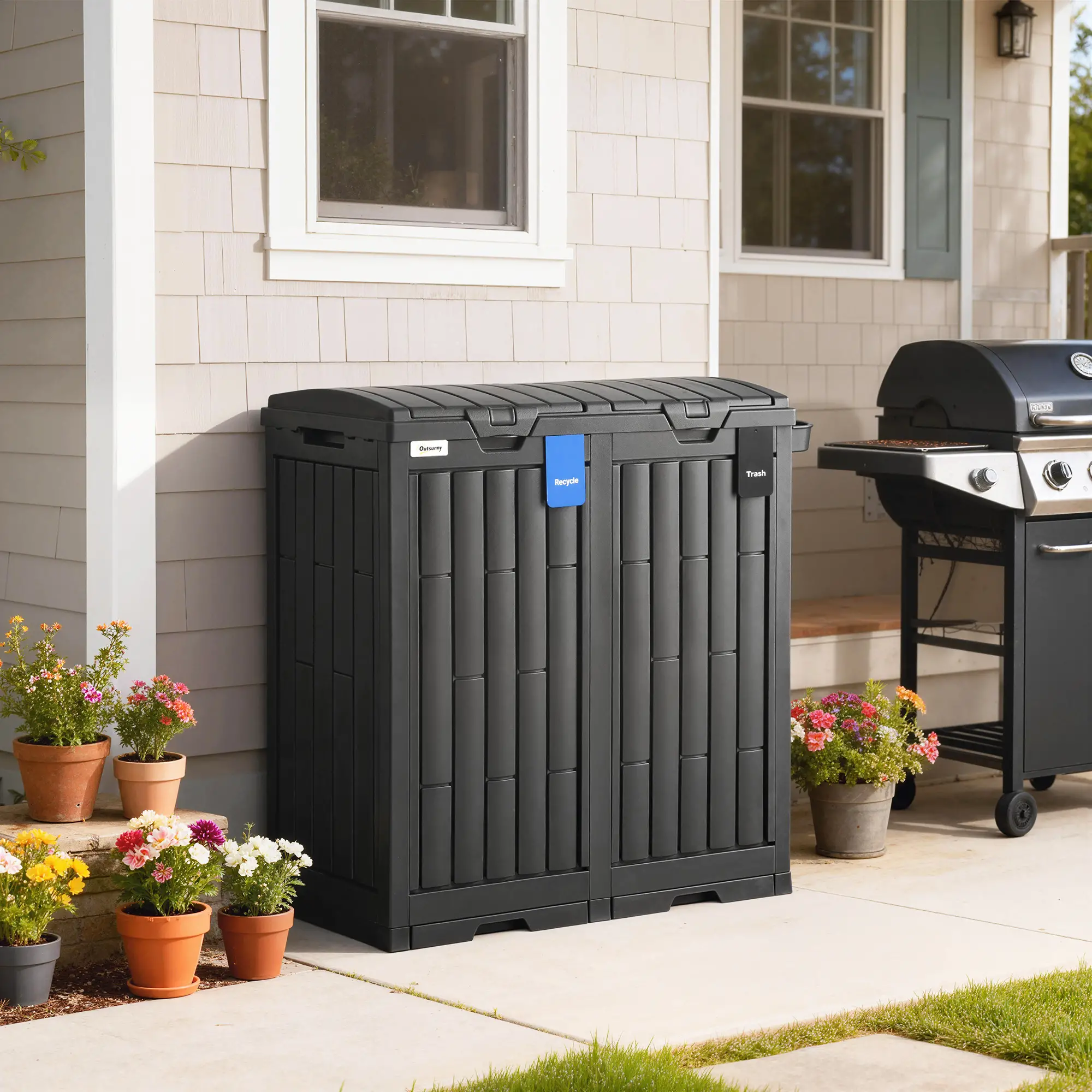 58 Gallon Double Outdoor Garbage Bin, Dual Lid, Plastic Waste Trash Can, Black - Image 8