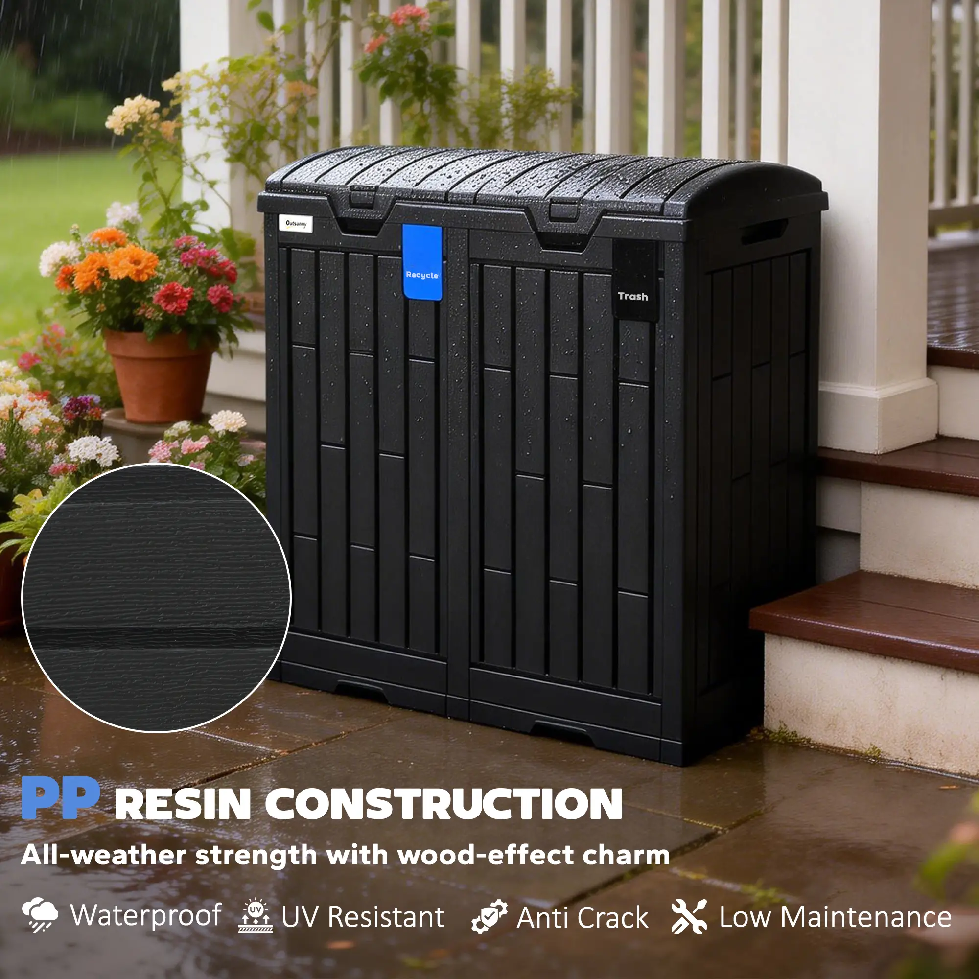 58 Gallon Double Outdoor Garbage Bin, Dual Lid, Plastic Waste Trash Can, Black - Image 9