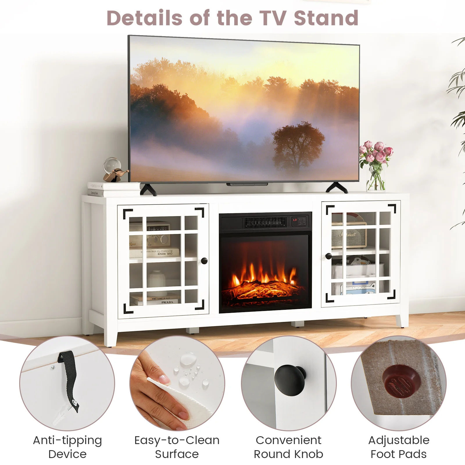 58 Inch Fireplace TV Stand, Adjustable Shelves, For 65 Inch TVs, White - Image 10