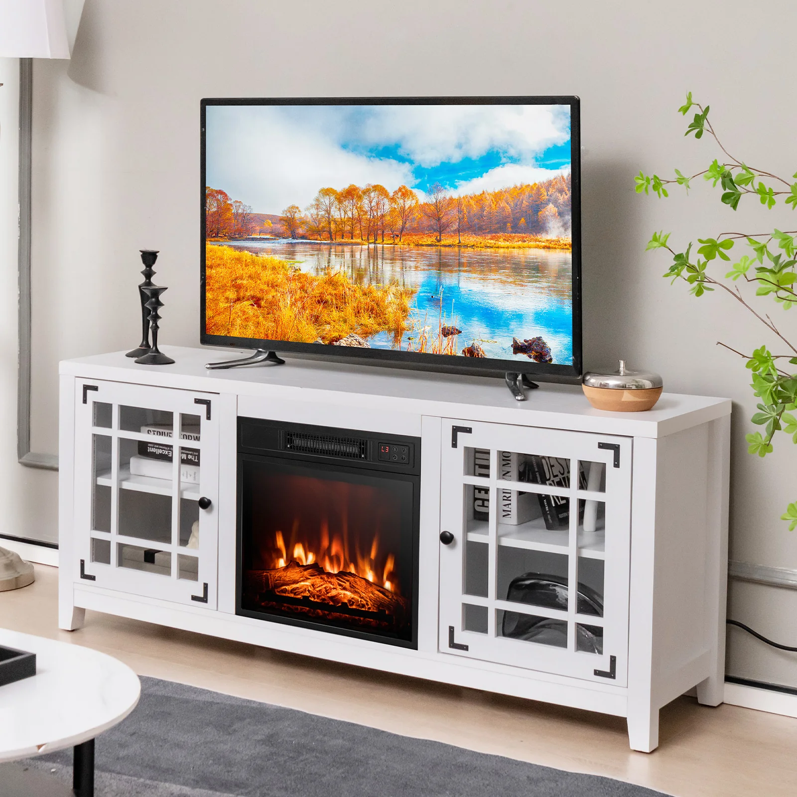 58 Inch Fireplace TV Stand, Adjustable Shelves, For 65 Inch TVs, White - Image 2