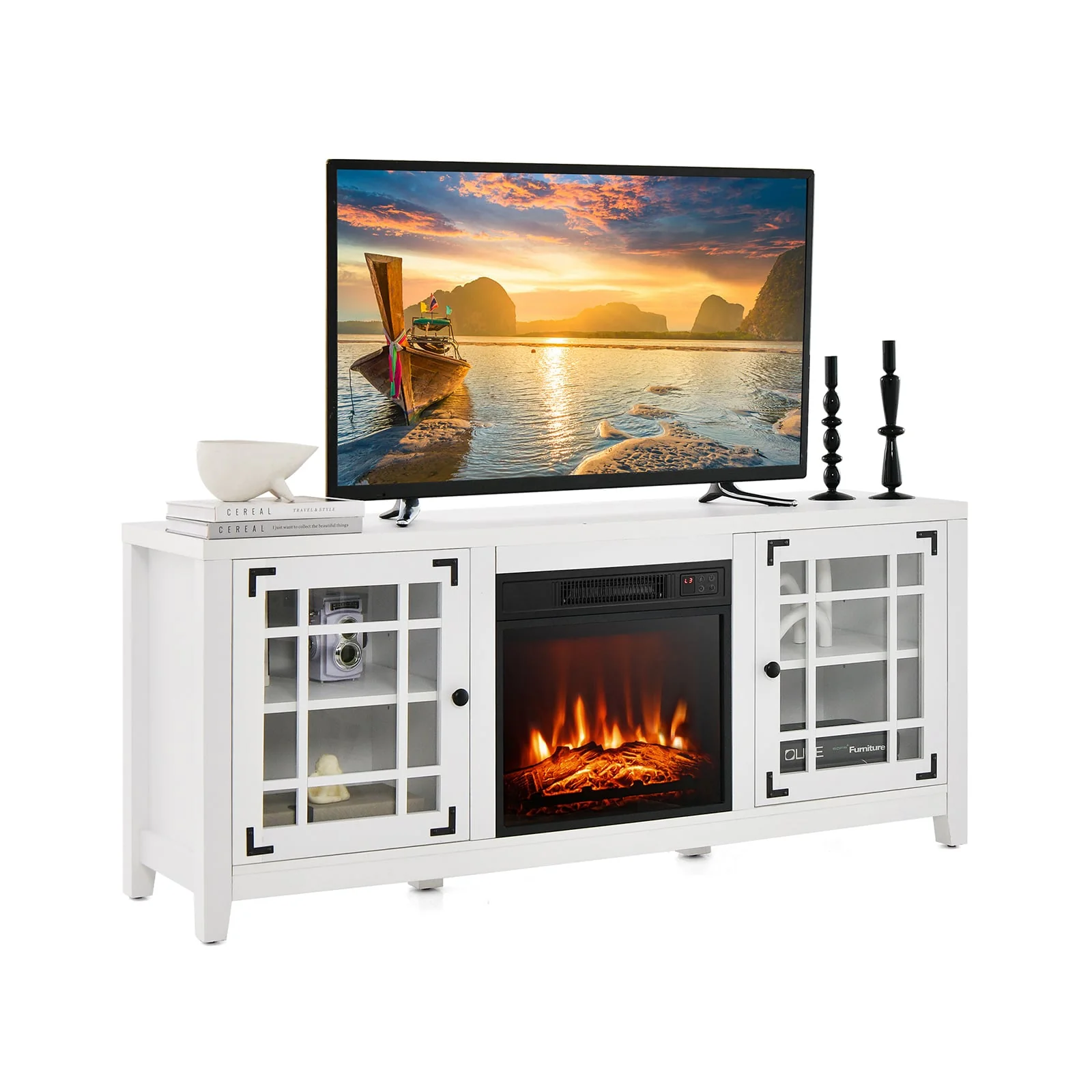 58 Inch Fireplace TV Stand, Adjustable Shelves, For 65 Inch TVs, White - Image 3