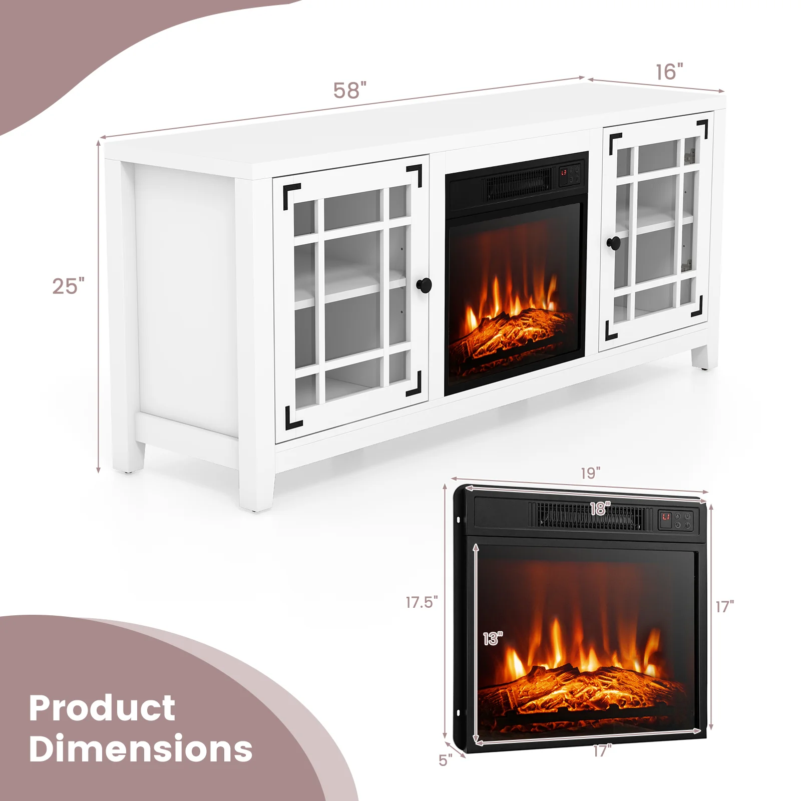 58 Inch Fireplace TV Stand, Adjustable Shelves, For 65 Inch TVs, White - Image 5