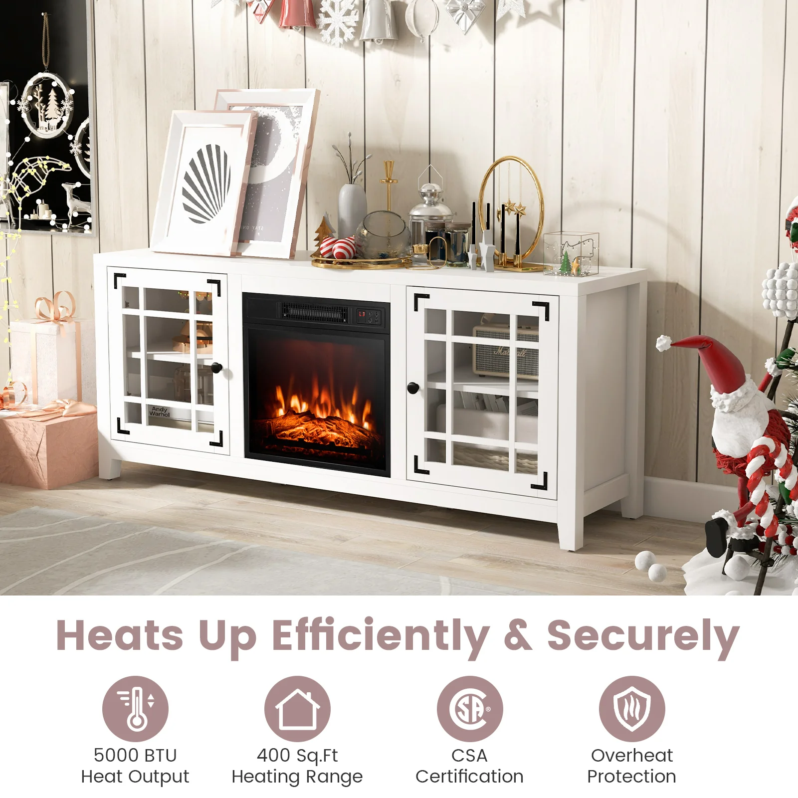 58 Inch Fireplace TV Stand, Adjustable Shelves, For 65 Inch TVs, White - Image 6