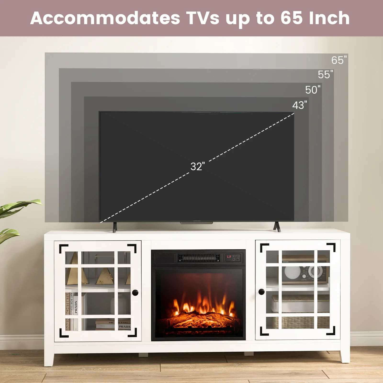 58 Inch Fireplace TV Stand, Adjustable Shelves, For 65 Inch TVs, White - Image 8