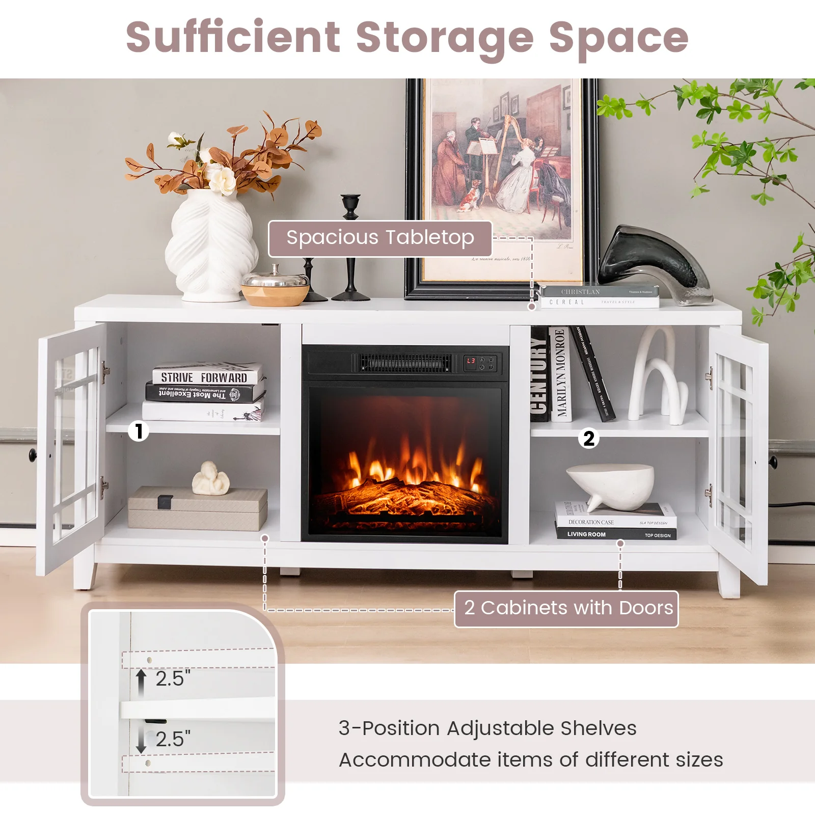 58 Inch Fireplace TV Stand, Adjustable Shelves, For 65 Inch TVs, White - Image 9