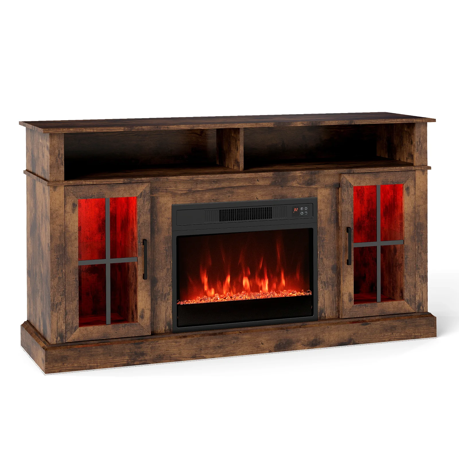 58 Inch Fireplace TV Stand, LED Lights, Storage Cabinets, Glass Doors, Rustic Brown