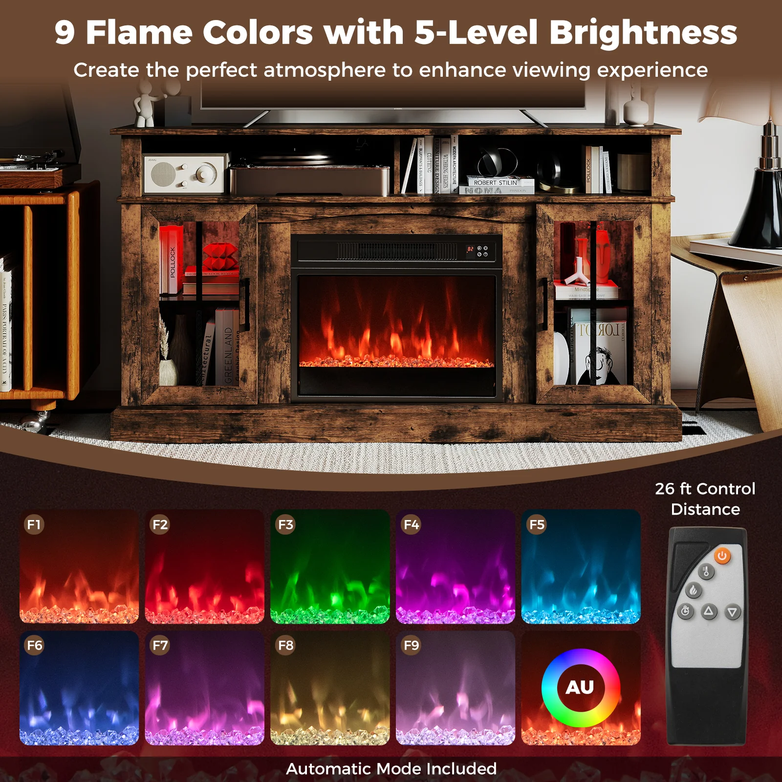 58 Inch Fireplace TV Stand, LED Lights, Storage Cabinets, Glass Doors, Rustic Brown - Image 8