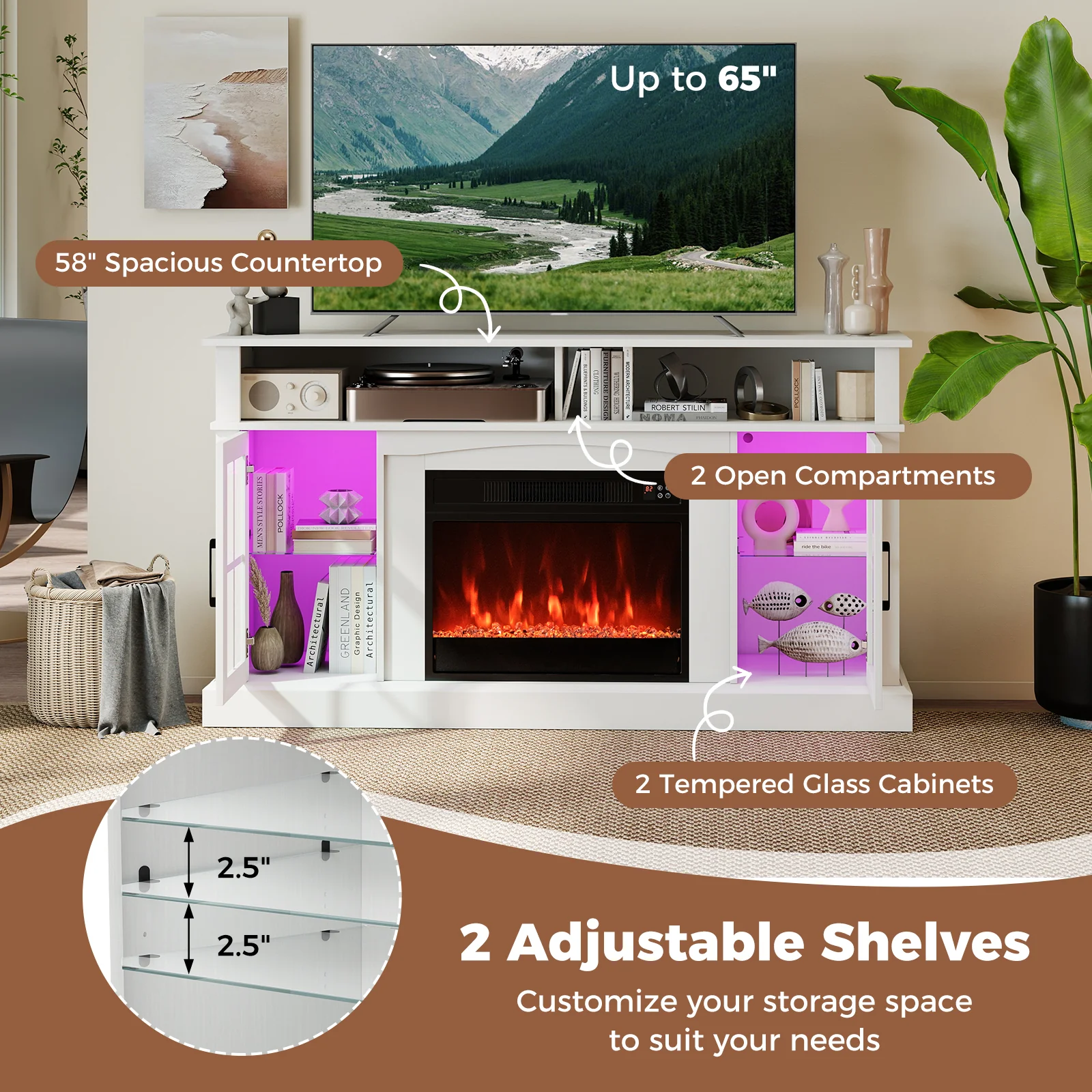 58 Inch Fireplace TV Stand, LED Lights, Storage Cabinets, Glass Doors, White - Image 10