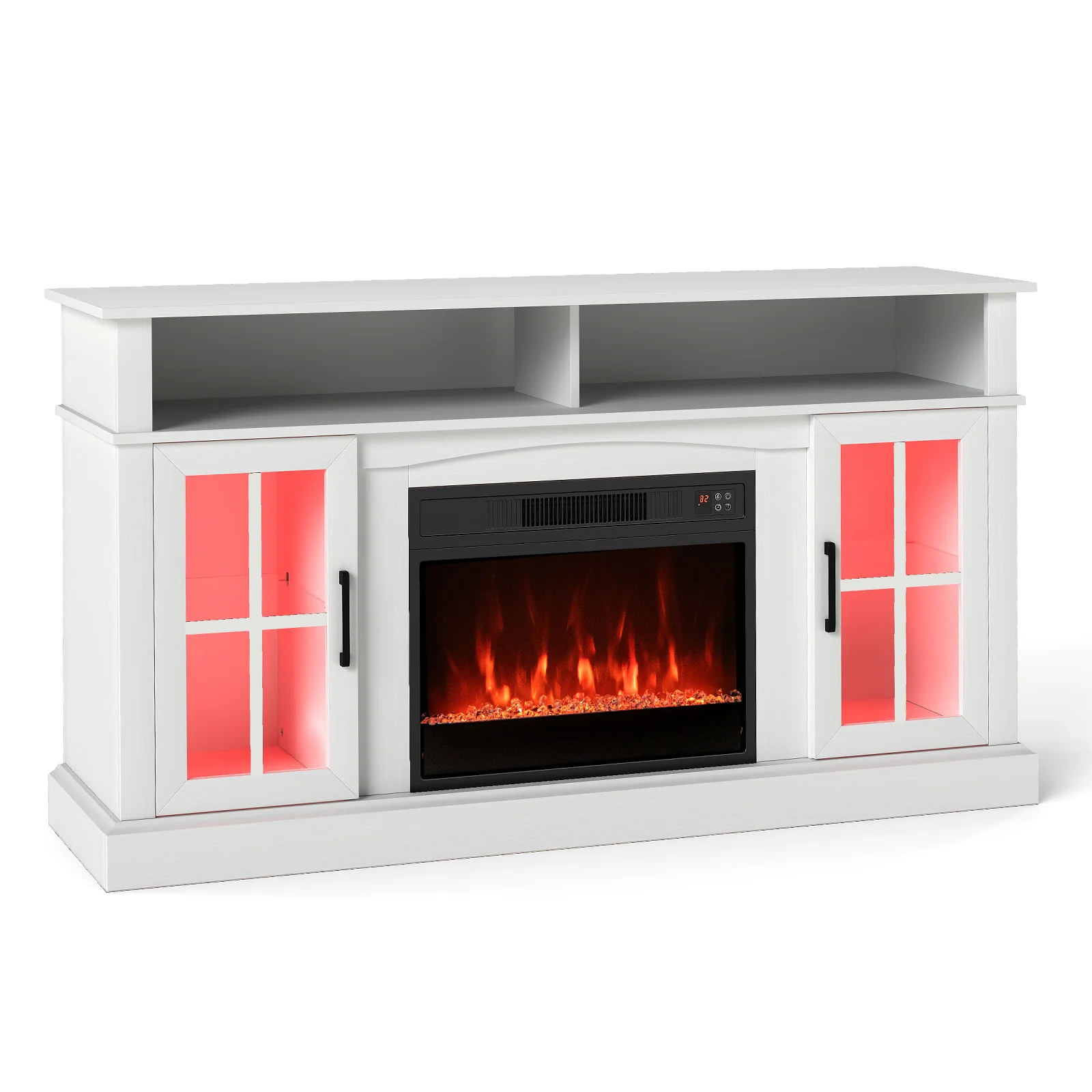 58 Inch Fireplace TV Stand, LED Lights, Storage Cabinets, Glass Doors, White - Image 4