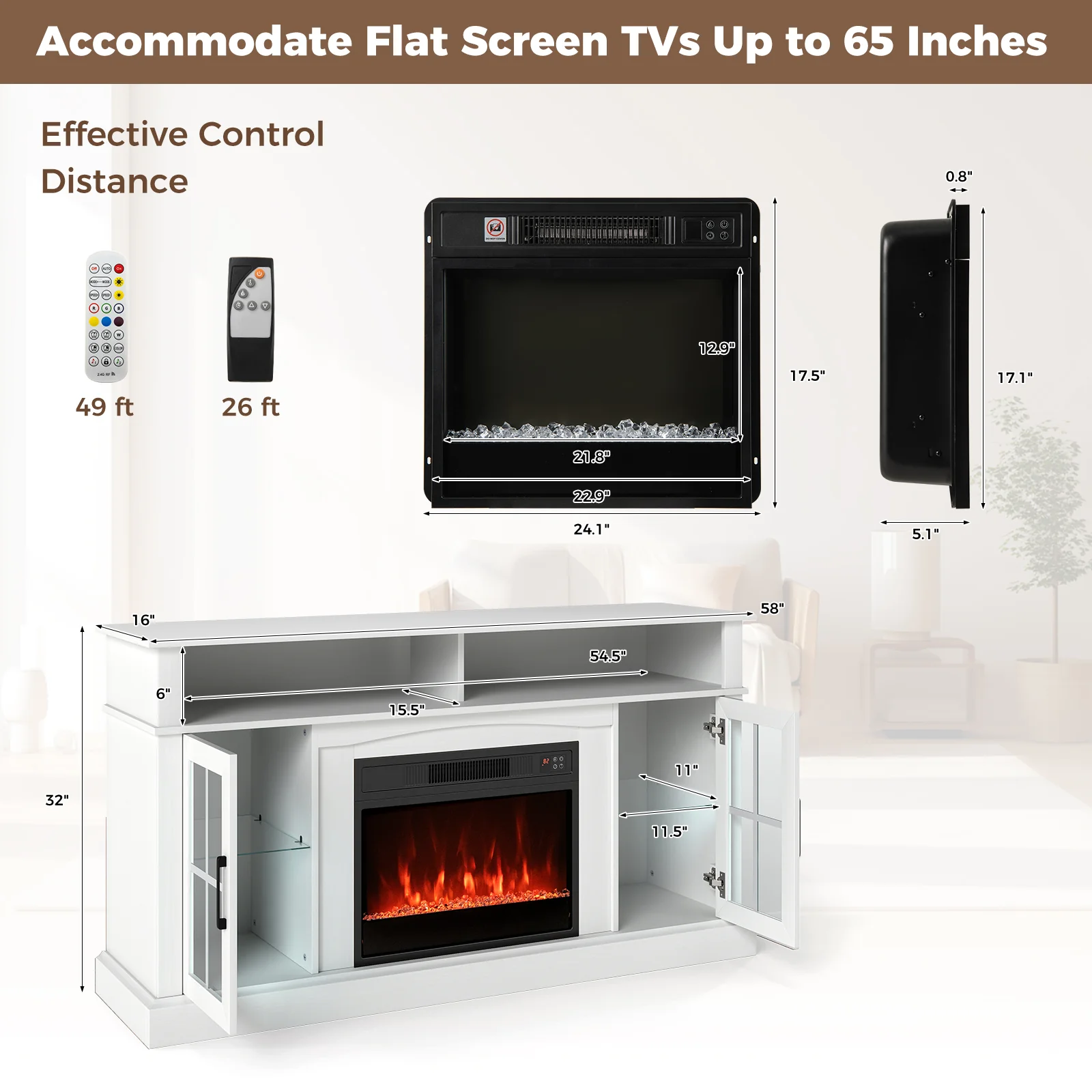 58 Inch Fireplace TV Stand, LED Lights, Storage Cabinets, Glass Doors, White - Image 6