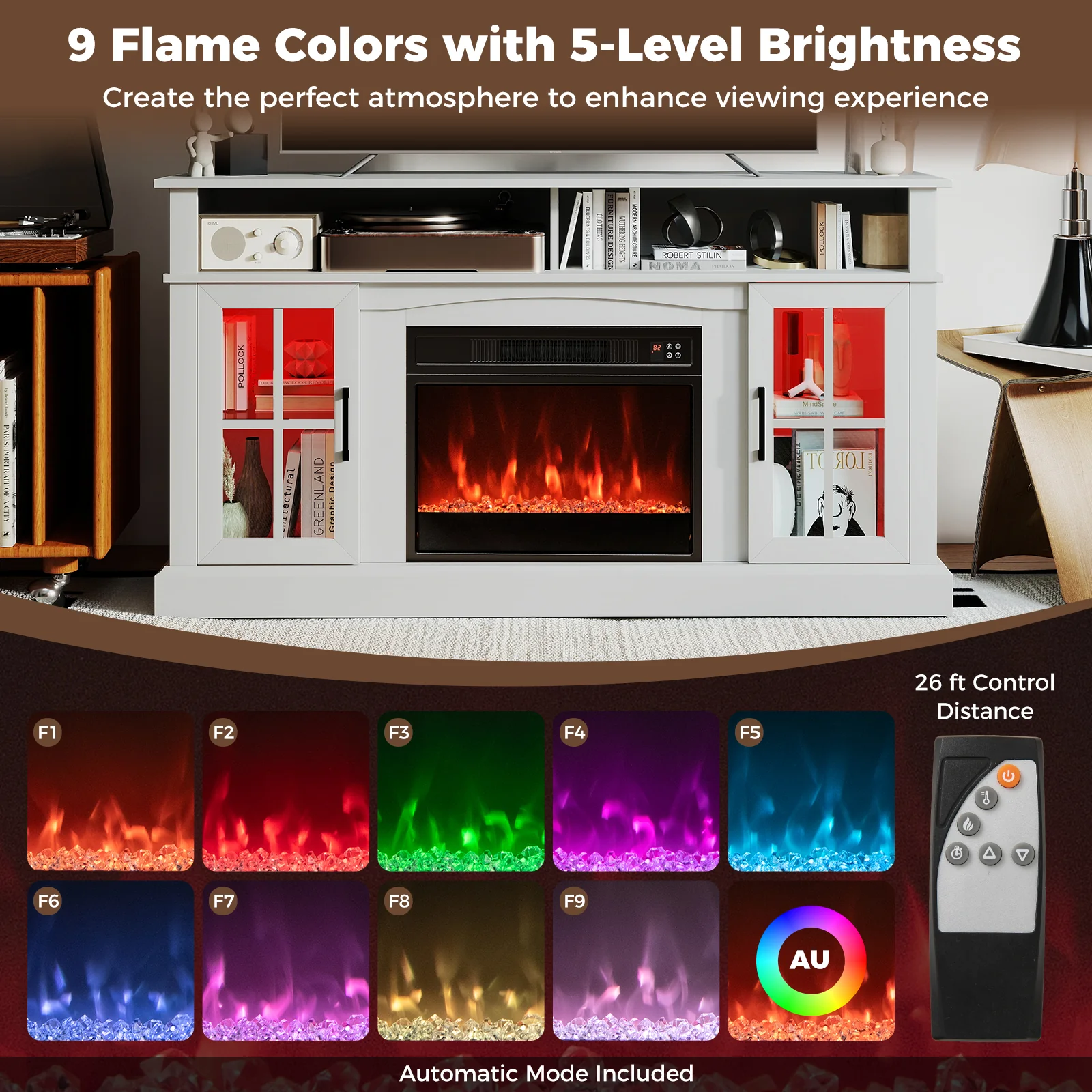58 Inch Fireplace TV Stand, LED Lights, Storage Cabinets, Glass Doors, White - Image 8