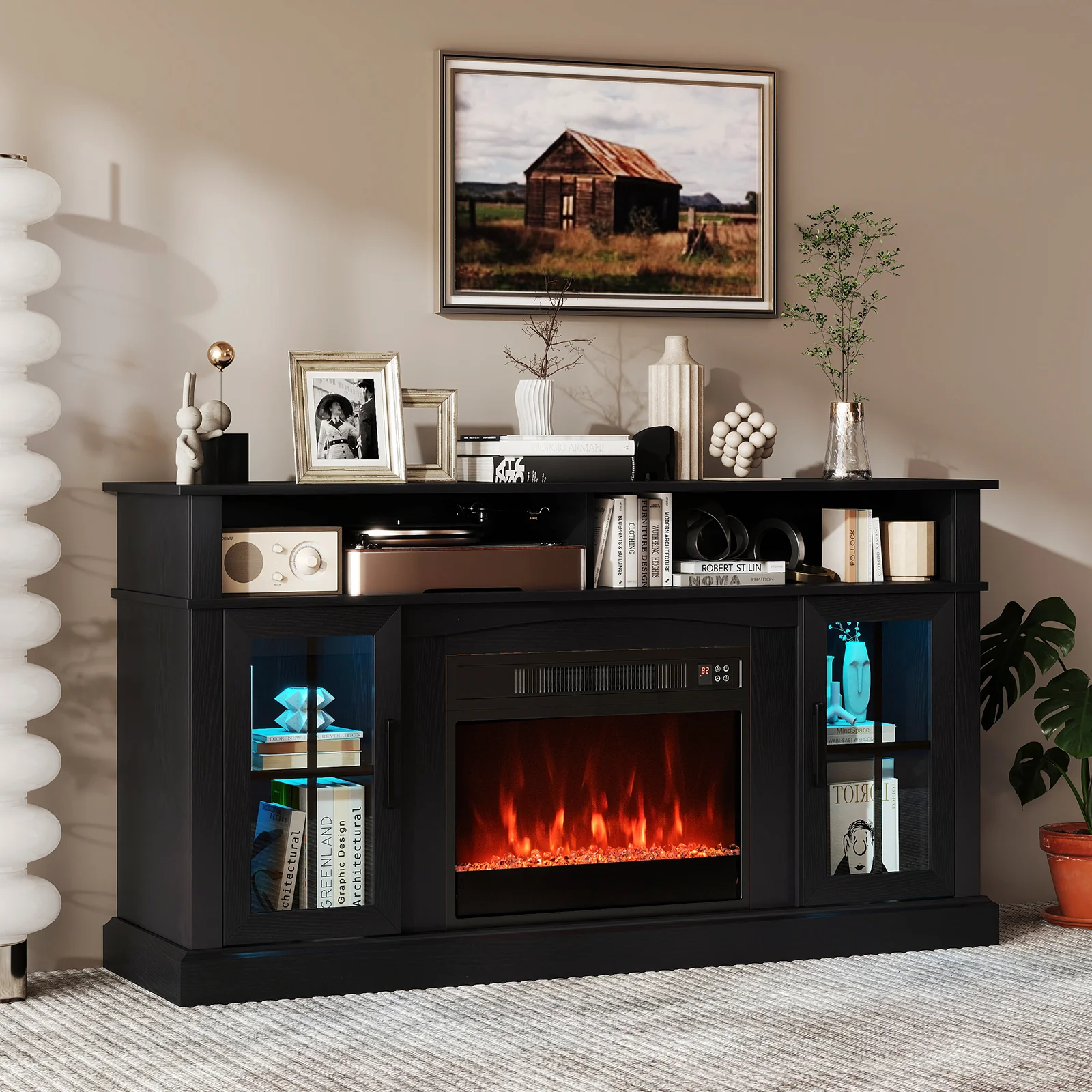 58 Inch Fireplace TV Stand With LED Lights, Storage Cabinets, Glass Doors, Black - Image 2
