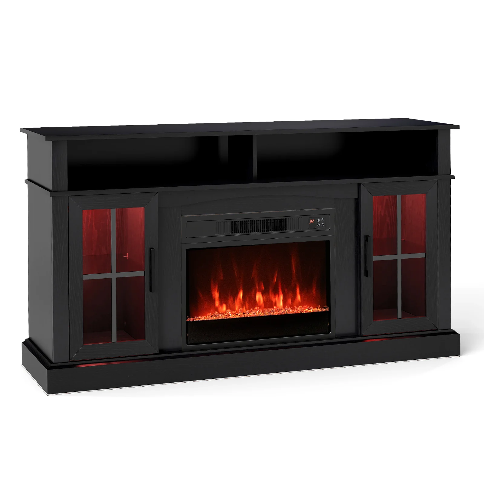 58 Inch Fireplace TV Stand With LED Lights, Storage Cabinets, Glass Doors, Black - Image 4