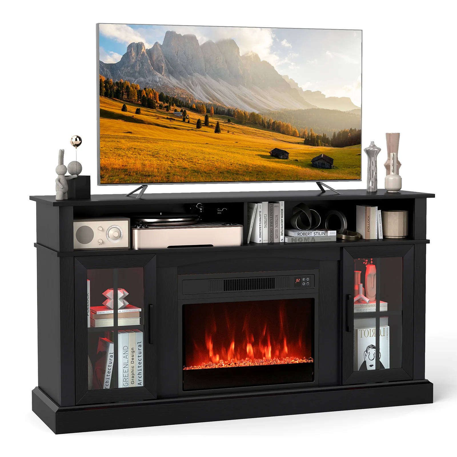 58 Inch Fireplace TV Stand With LED Lights, Storage Cabinets, Glass Doors, Black - Image 5