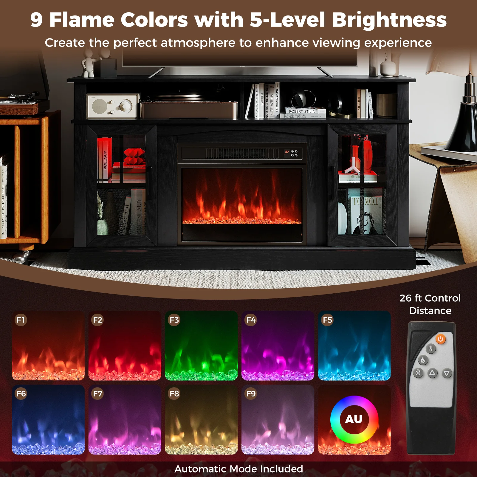 58 Inch Fireplace TV Stand With LED Lights, Storage Cabinets, Glass Doors, Black - Image 9