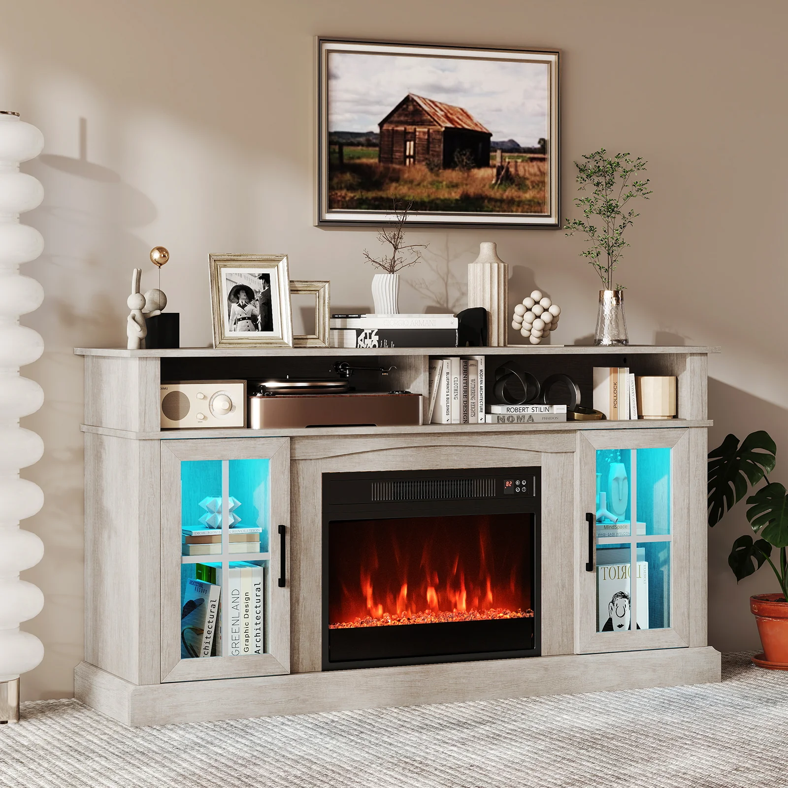 58 Inch Fireplace TV Stand With LED Lights, Storage Cabinets, Glass Doors, Gray - Image 2