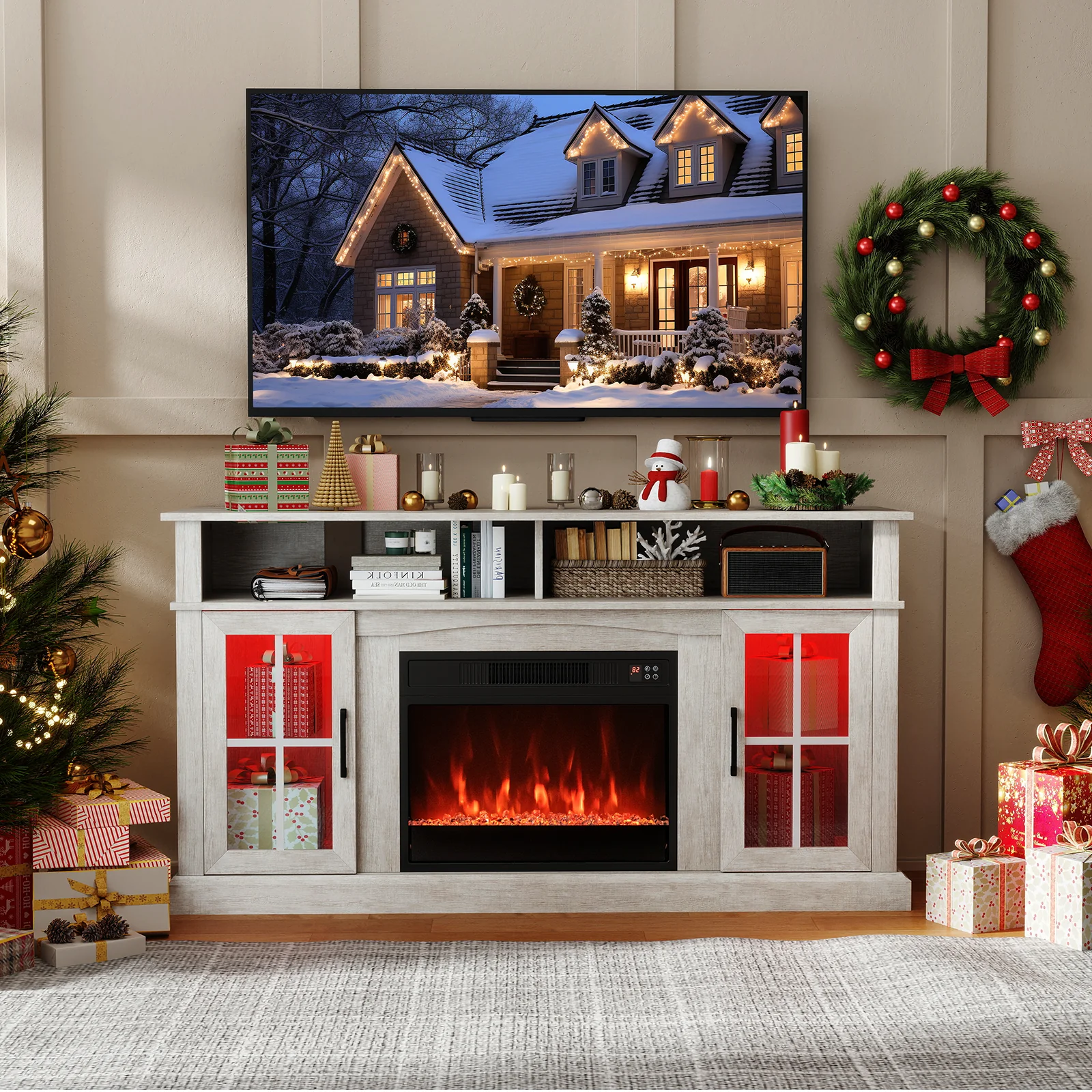 58 Inch Fireplace TV Stand With LED Lights, Storage Cabinets, Glass Doors, Gray - Image 3