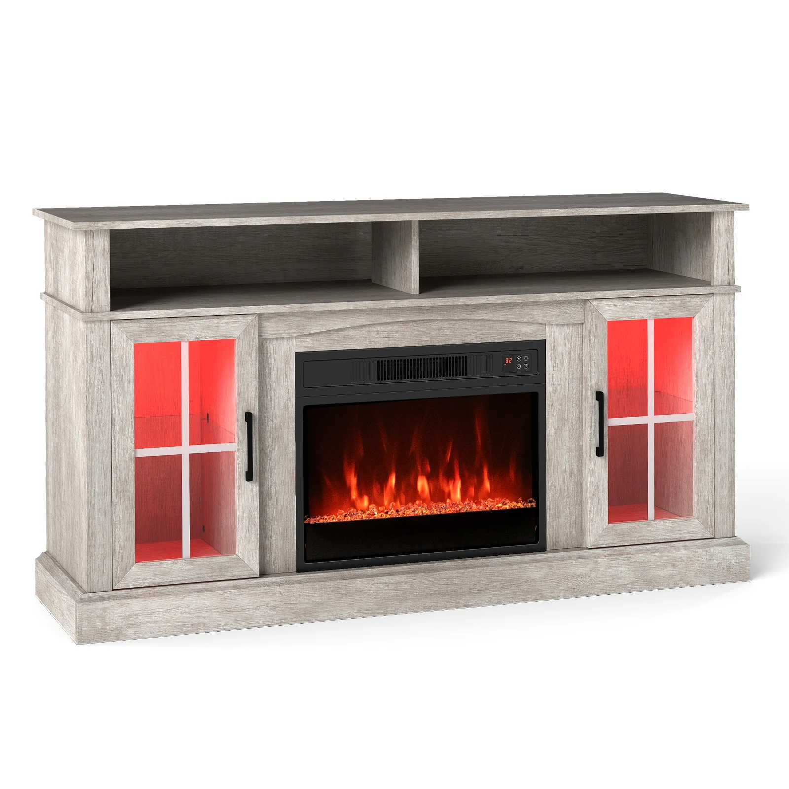 58 Inch Fireplace TV Stand With LED Lights, Storage Cabinets, Glass Doors, Gray - Image 4