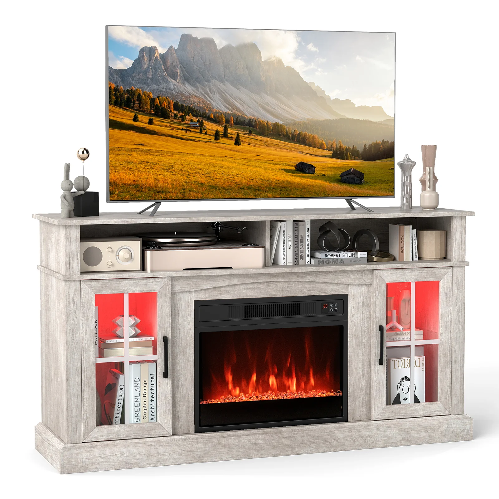 58 Inch Fireplace TV Stand With LED Lights, Storage Cabinets, Glass Doors, Gray - Image 5