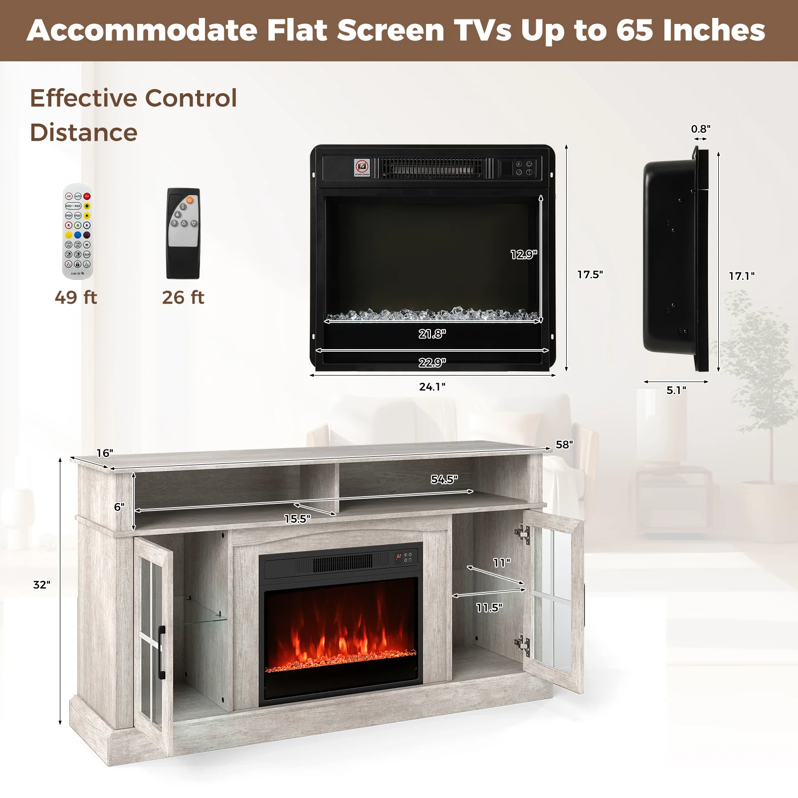 58 Inch Fireplace TV Stand With LED Lights, Storage Cabinets, Glass Doors, Gray - Image 6
