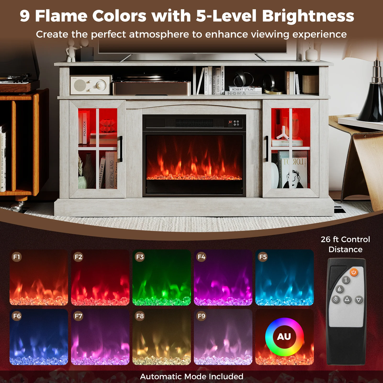 58 Inch Fireplace TV Stand With LED Lights, Storage Cabinets, Glass Doors, Gray - Image 8