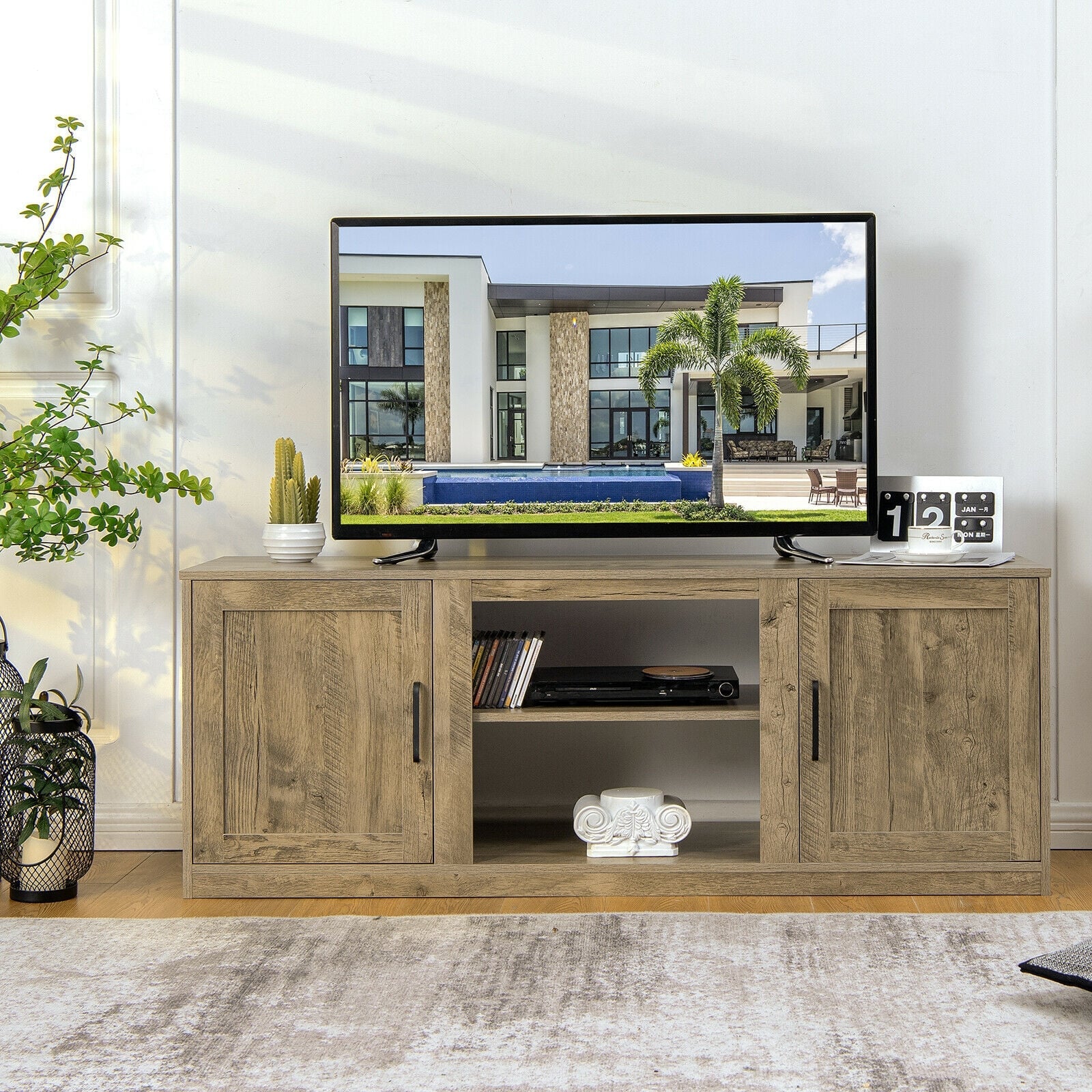 58 Inch TV Stand With 1500W Faux Fireplace, For TVs Up To 65 Inch, Natural - Image 2