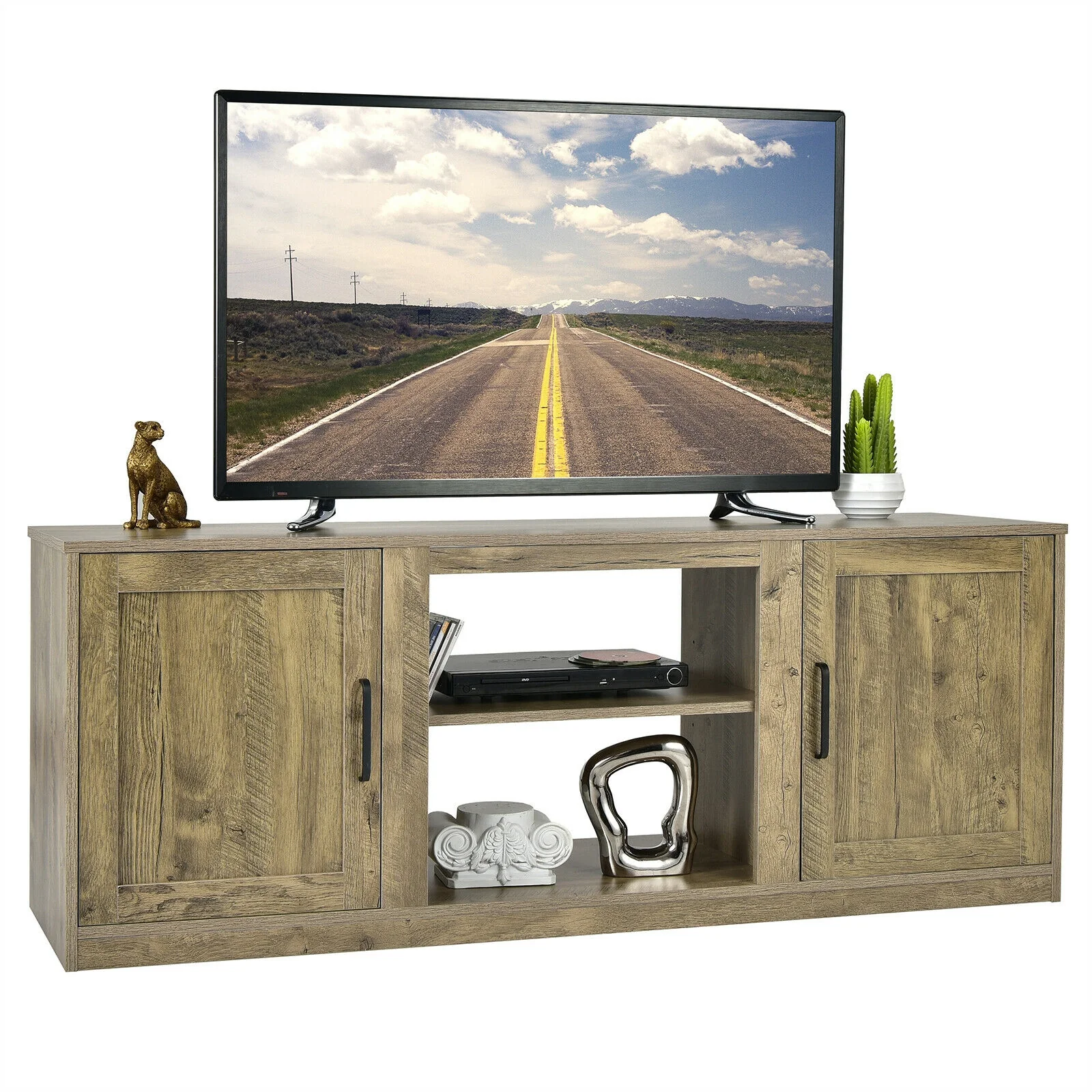58 Inch TV Stand With 1500W Faux Fireplace, For TVs Up To 65 Inch, Natural - Image 5