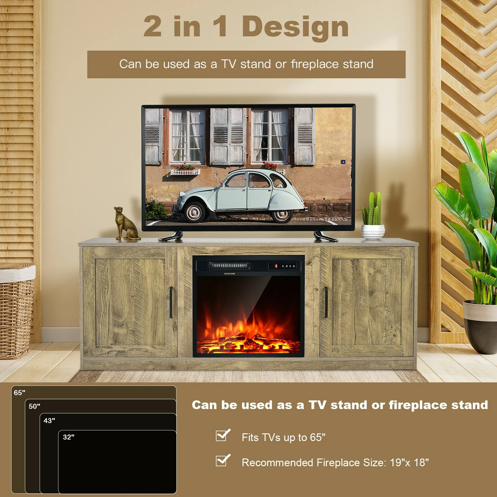 58 Inch TV Stand With 1500W Faux Fireplace, For TVs Up To 65 Inch, Natural - Image 7