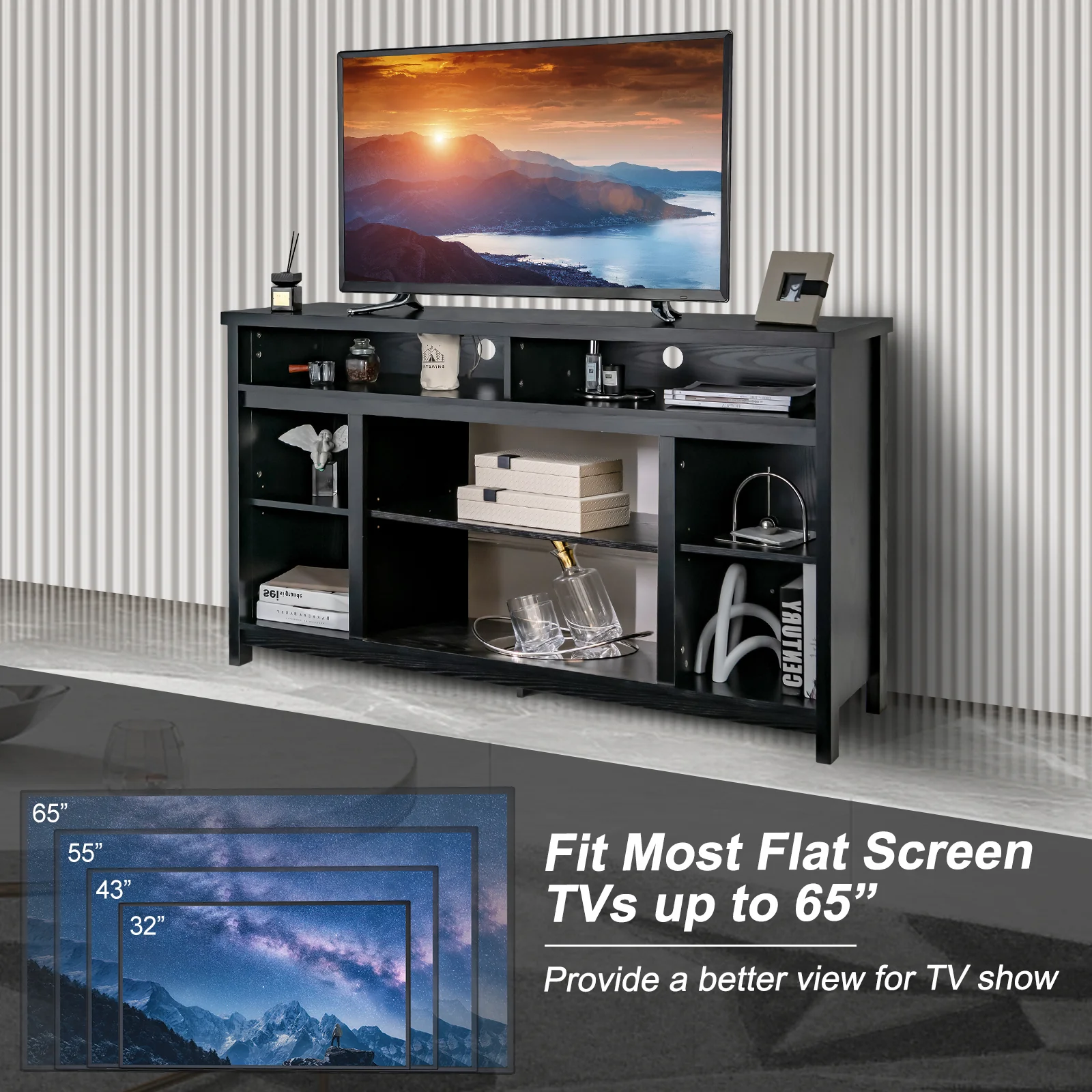 58 Inch TV Stand With Adjustable Shelves, Black - Image 10