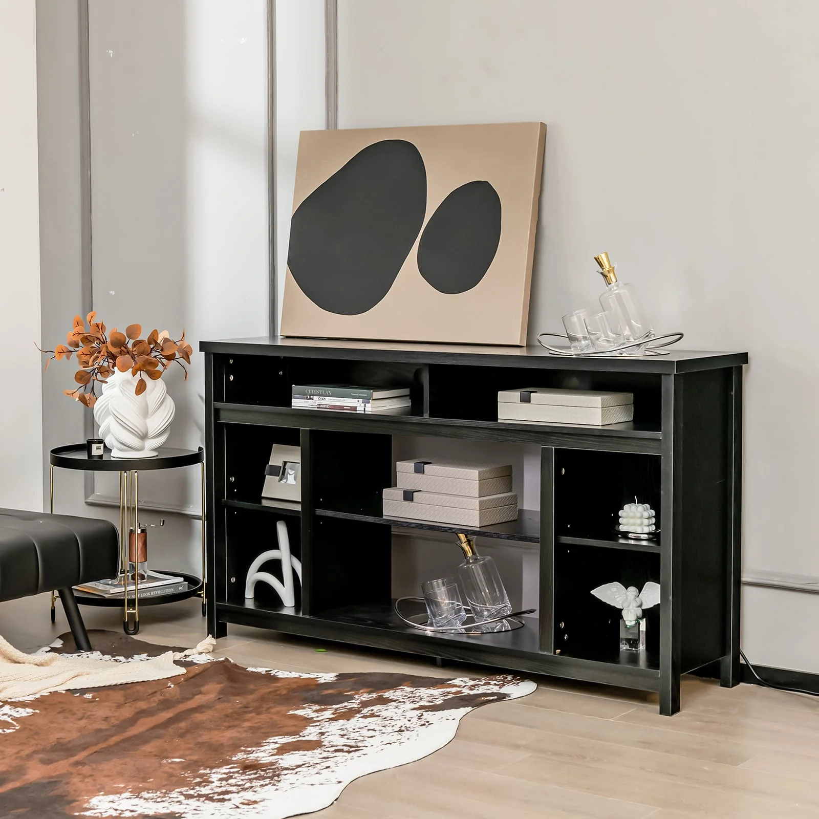 58 Inch TV Stand With Adjustable Shelves, Black - Image 2