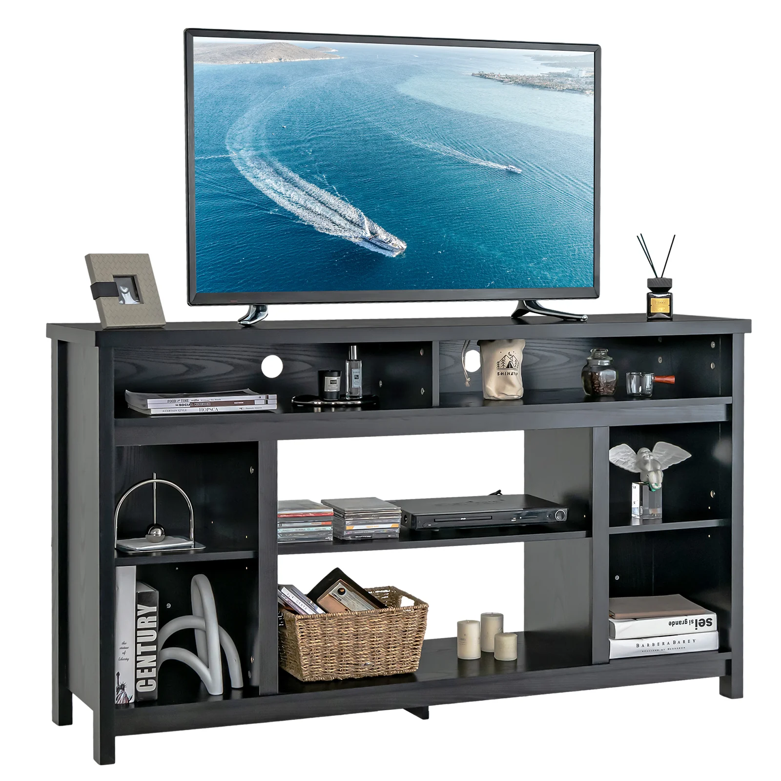 58 Inch TV Stand With Adjustable Shelves, Black - Image 4