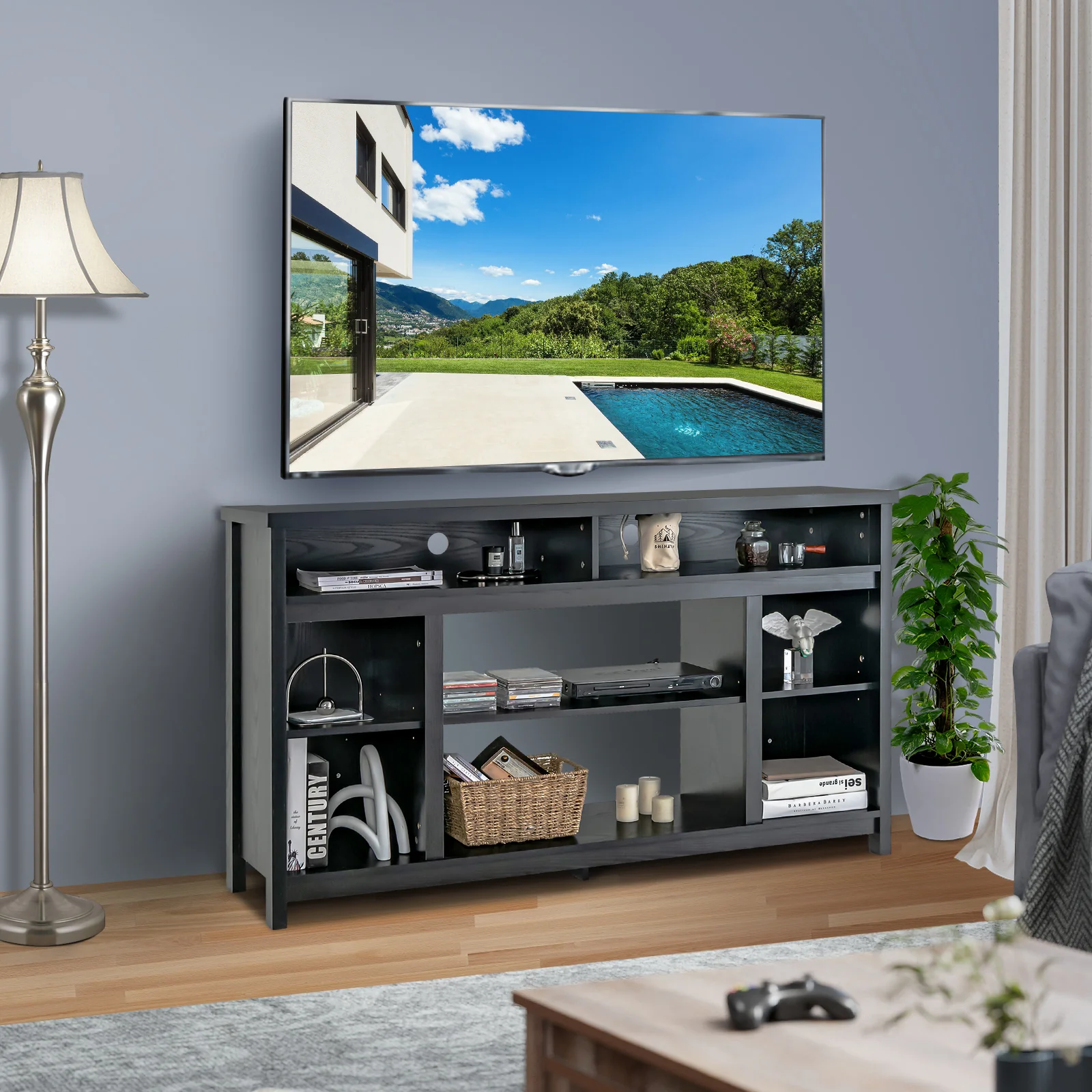 58 Inch TV Stand With Adjustable Shelves, Black - Image 6