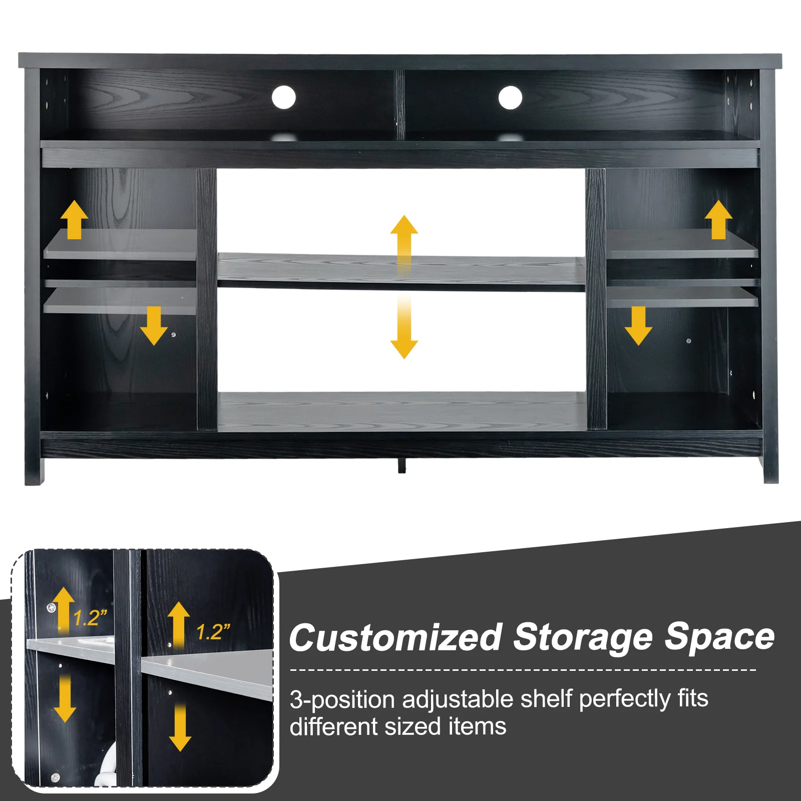 58 Inch TV Stand With Adjustable Shelves, Black - Image 7