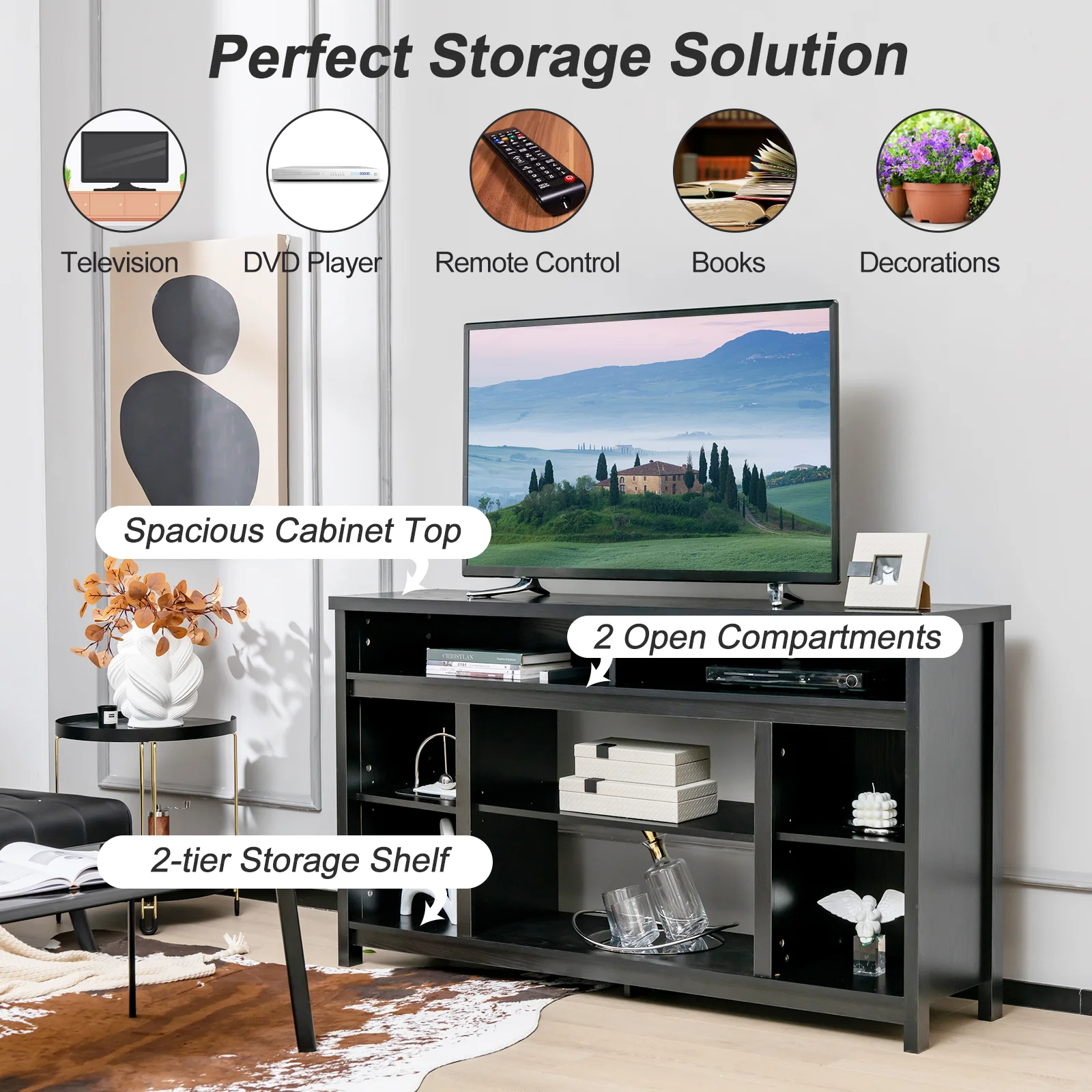 58 Inch TV Stand With Adjustable Shelves, Black - Image 8