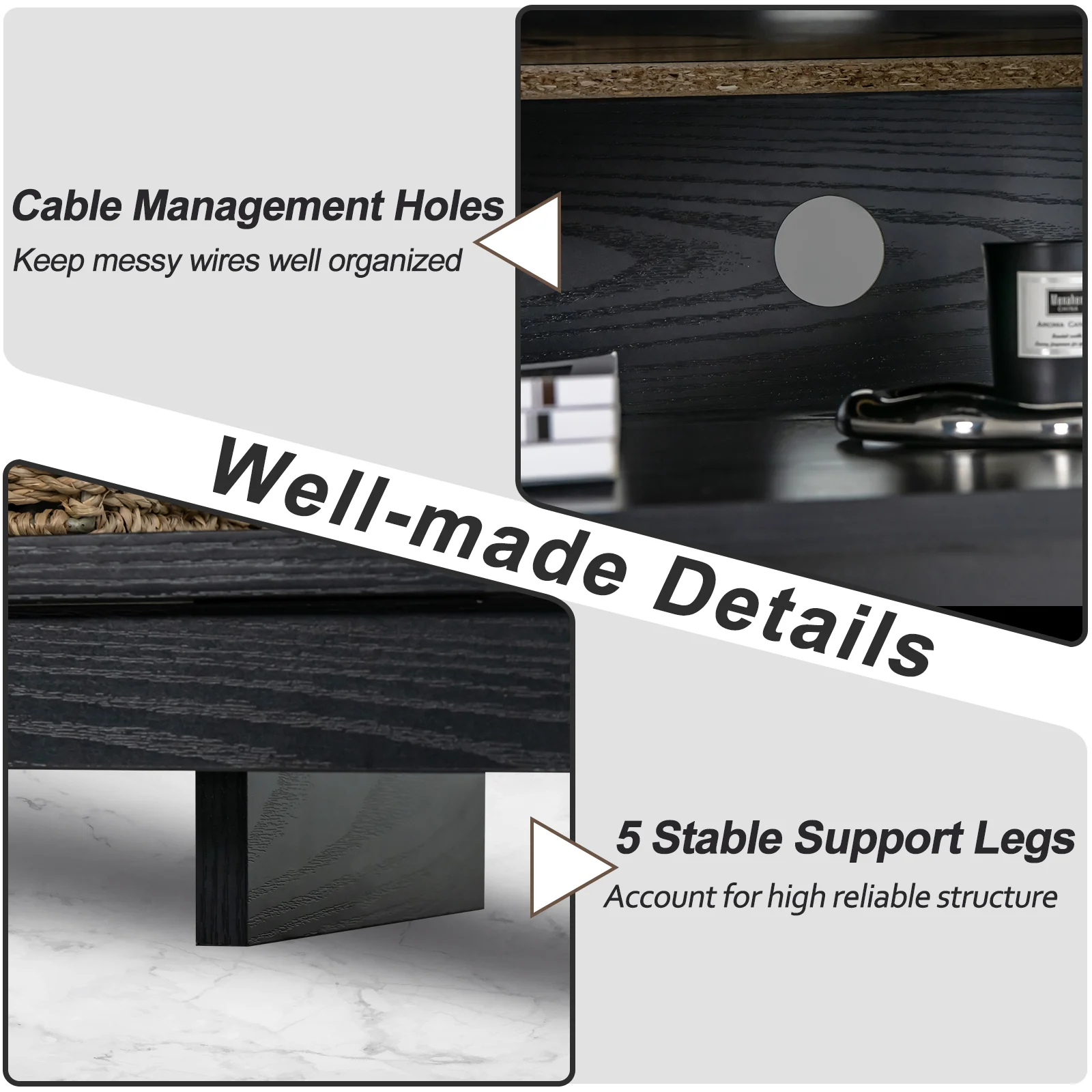 58 Inch TV Stand With Adjustable Shelves, Black - Image 9