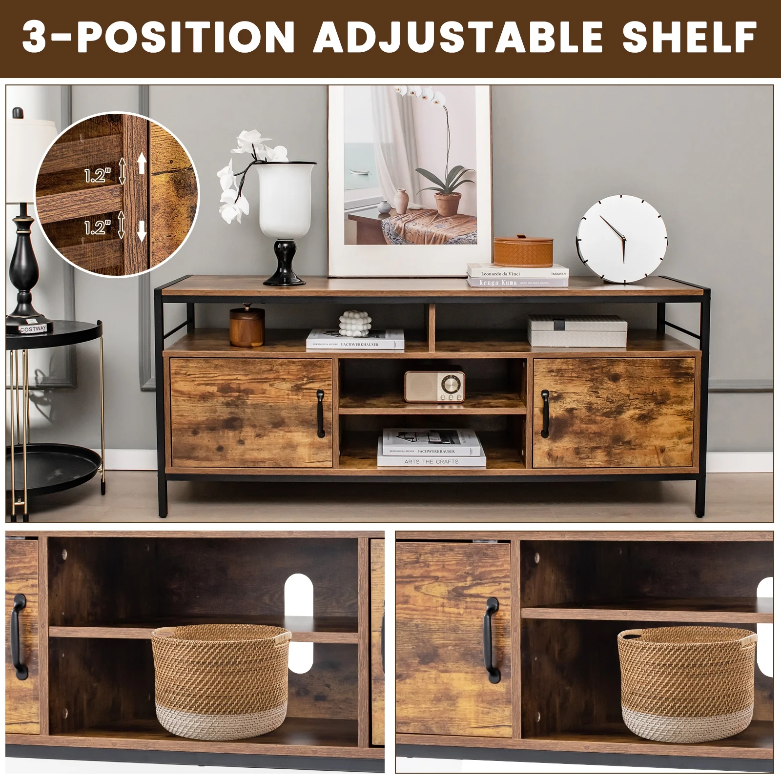 58 Inch TV Stand With Cabinets, Adjustable Shelf, Rustic Brown - Image 10