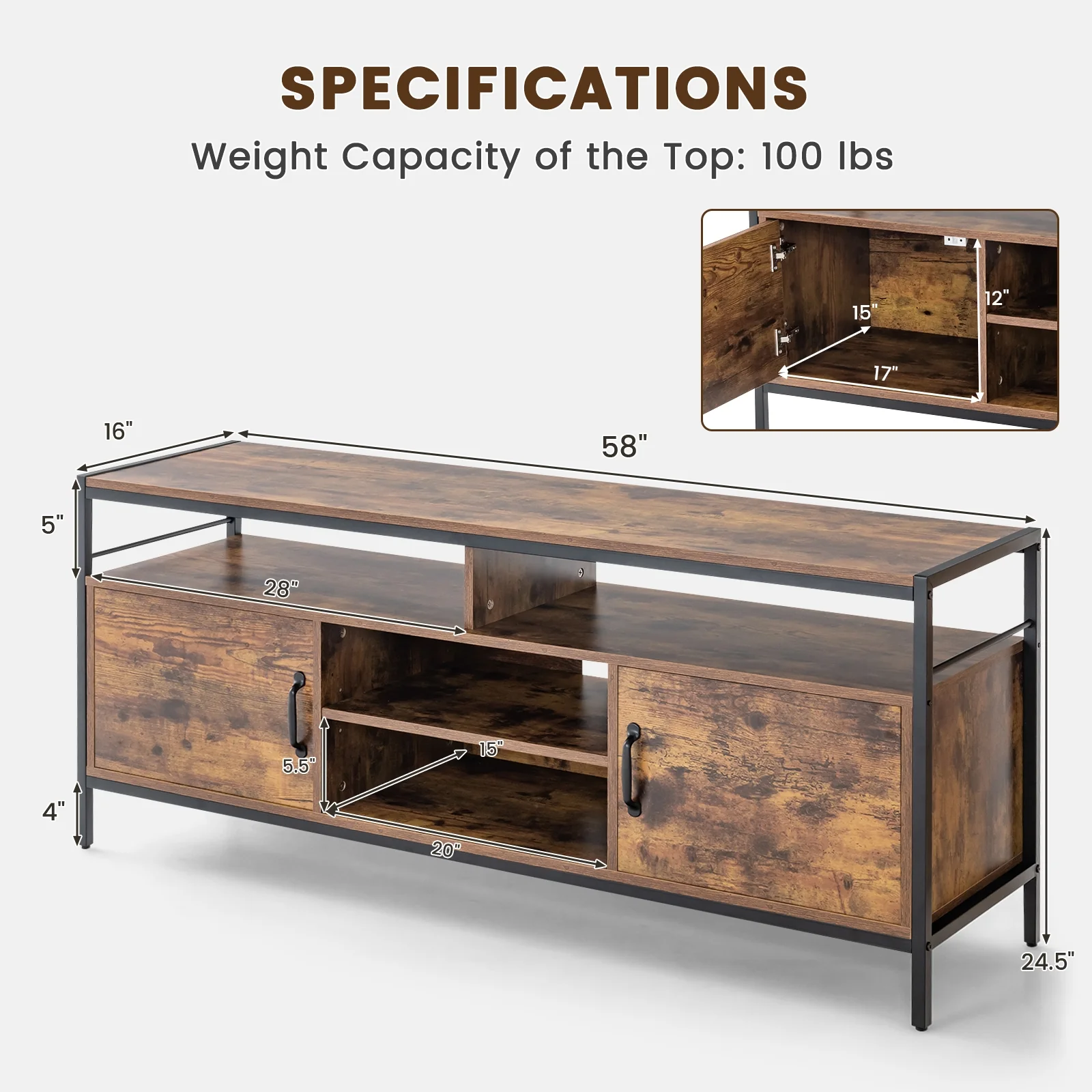 58 Inch TV Stand With Cabinets, Adjustable Shelf, Rustic Brown - Image 6