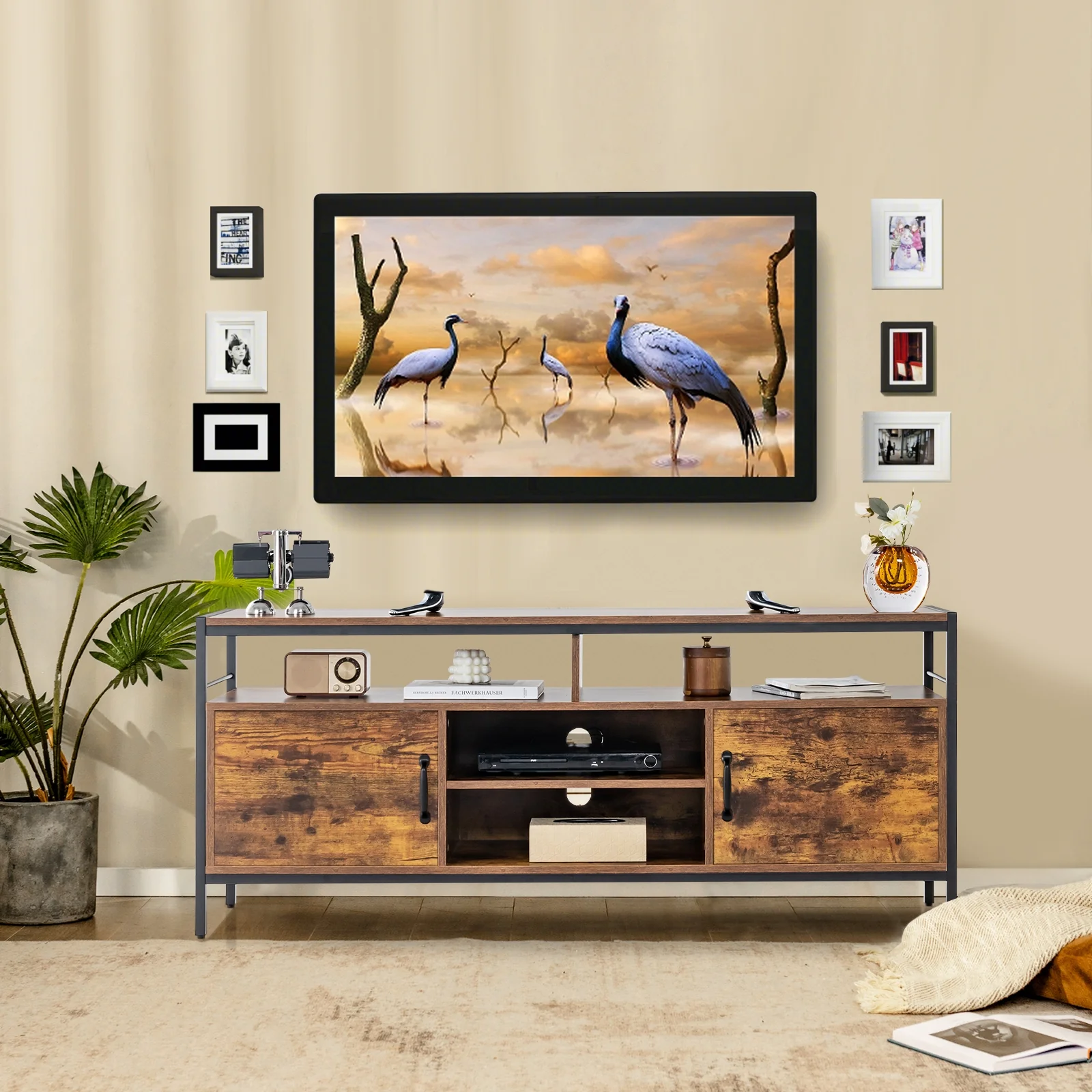 58 Inch TV Stand With Cabinets, Adjustable Shelf, Rustic Brown - Image 7