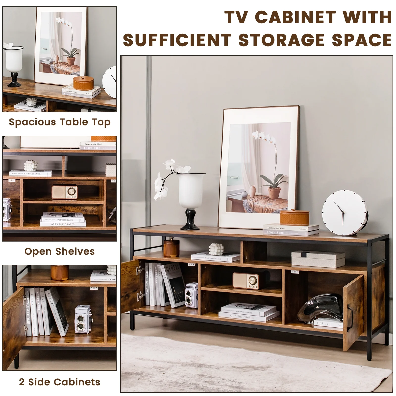 58 Inch TV Stand With Cabinets, Adjustable Shelf, Rustic Brown - Image 9