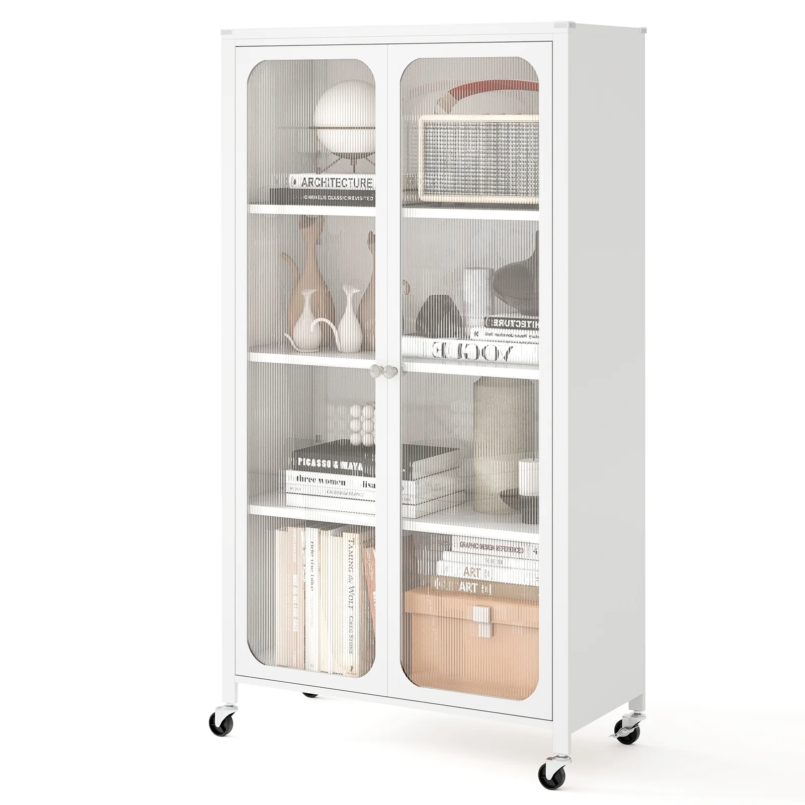 58 Inches Bookcase, Adjustable Shelves, Lockable Wheels, White